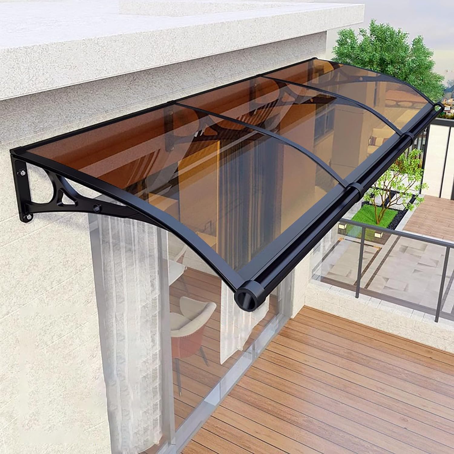 Outdoor Polycarbonate Door Canopy - Black Aluminum Frame (60x300cm/24x118in) - Weatherproof Front Door Awning for Patio, Window & Entryway Protection