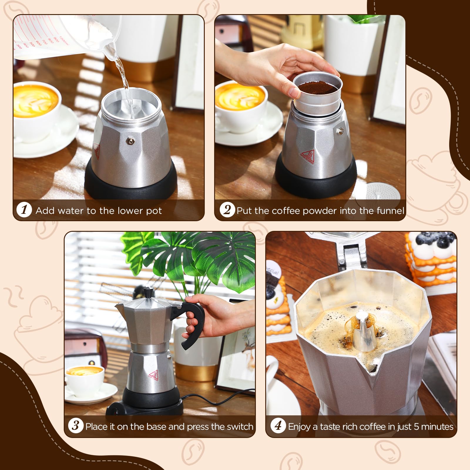 6 Cup Electric Espresso Coffee Maker - Italian Moka Pot 300ml Portable Aluminum Stovetop Coffee Machine with Detachable Base, Perfect for Home, Office & Travel - Great Gift Idea (Aluminum Color) | Brew Authentic Italian Coffee Anywhere