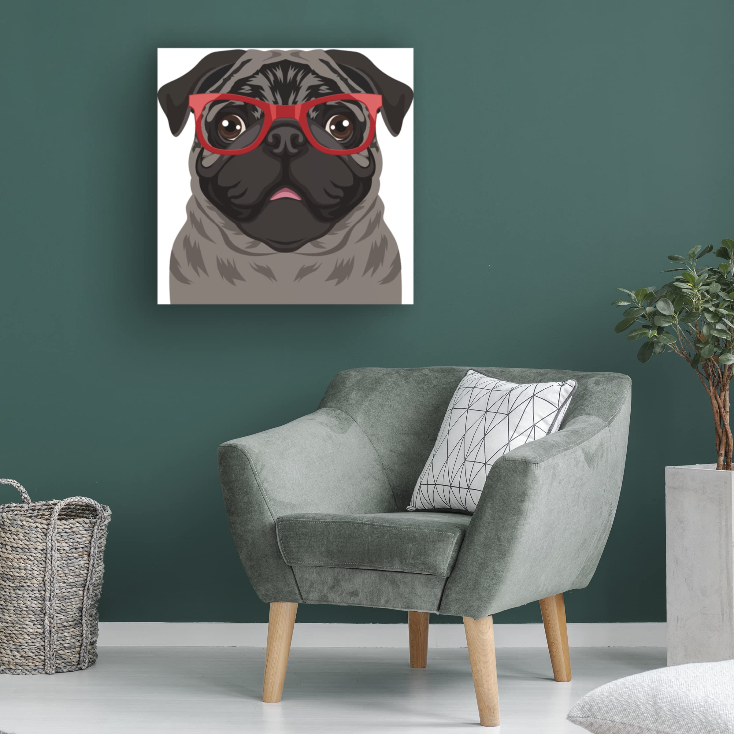 Pug Wearing Hipster Glasses Canvas Wall Art - Funny Dog Portrait Painting for Living Room Decor - Perfect Gift for Pet Lovers & Hipster Home Decor