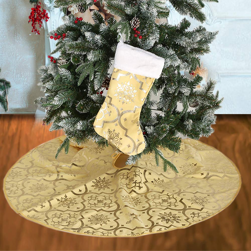 Poise3EHome 48-Inch Yellow Christmas Tree Skirt with Stockings - Holiday Decor for Halloween & Christmas | Festive Tree Base Cover for Living Room, Party & Seasonal Celebrations