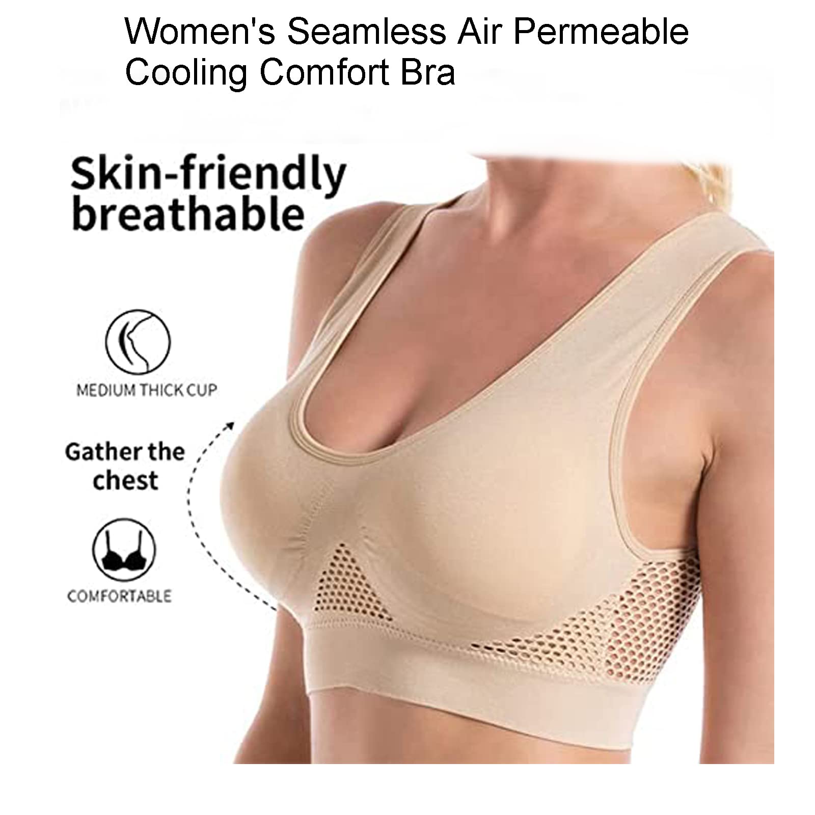 XIRUJNFD Women's Seamless Air Permeable Cooling Comfort Bra - Wirefree Sports Bra for Yoga, Sleep & Everyday Wear - Breathable & Supportive for Active Lifestyles