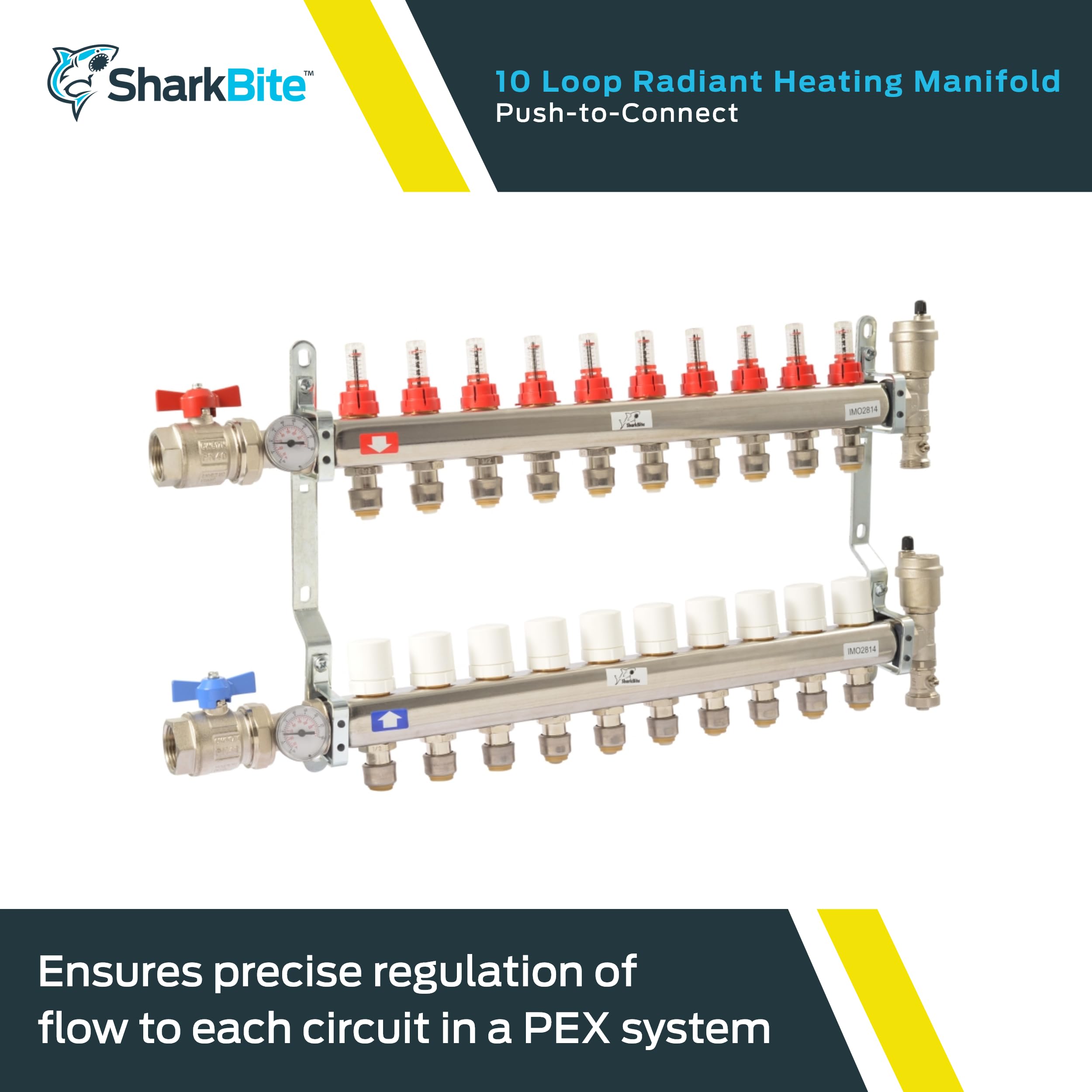SharkBite 10 Loop Radiant Heating Manifold - Push to Connect Brass Plumbing Fitting for PEX Pipe & PE-RT (Model 24937) - Perfect for Hydronic Heating Systems & Underfloor Heating Installations