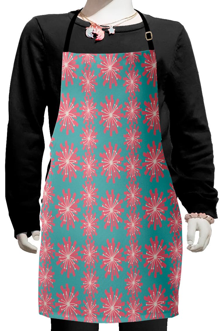 Ambesonne Adjustable Outdoor Apron for Baking & Painting - Small Size with Germinating Plants Wildflowers Print - Teal Pink White Rustic Design - Perfect for Garden, Kitchen, BBQ & DIY Crafts