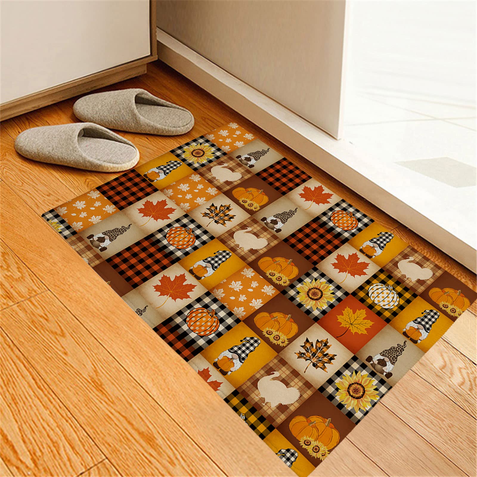 Non-Slip Thanksgiving Welcome Doormat - Happy Gnome Pumpkin Maple Sunflower Design, Absorbent Low Profile Entryway Rug for Front Door, Living Room & Bedroom | Perfect for Fall Decor and Holiday Home Entrance