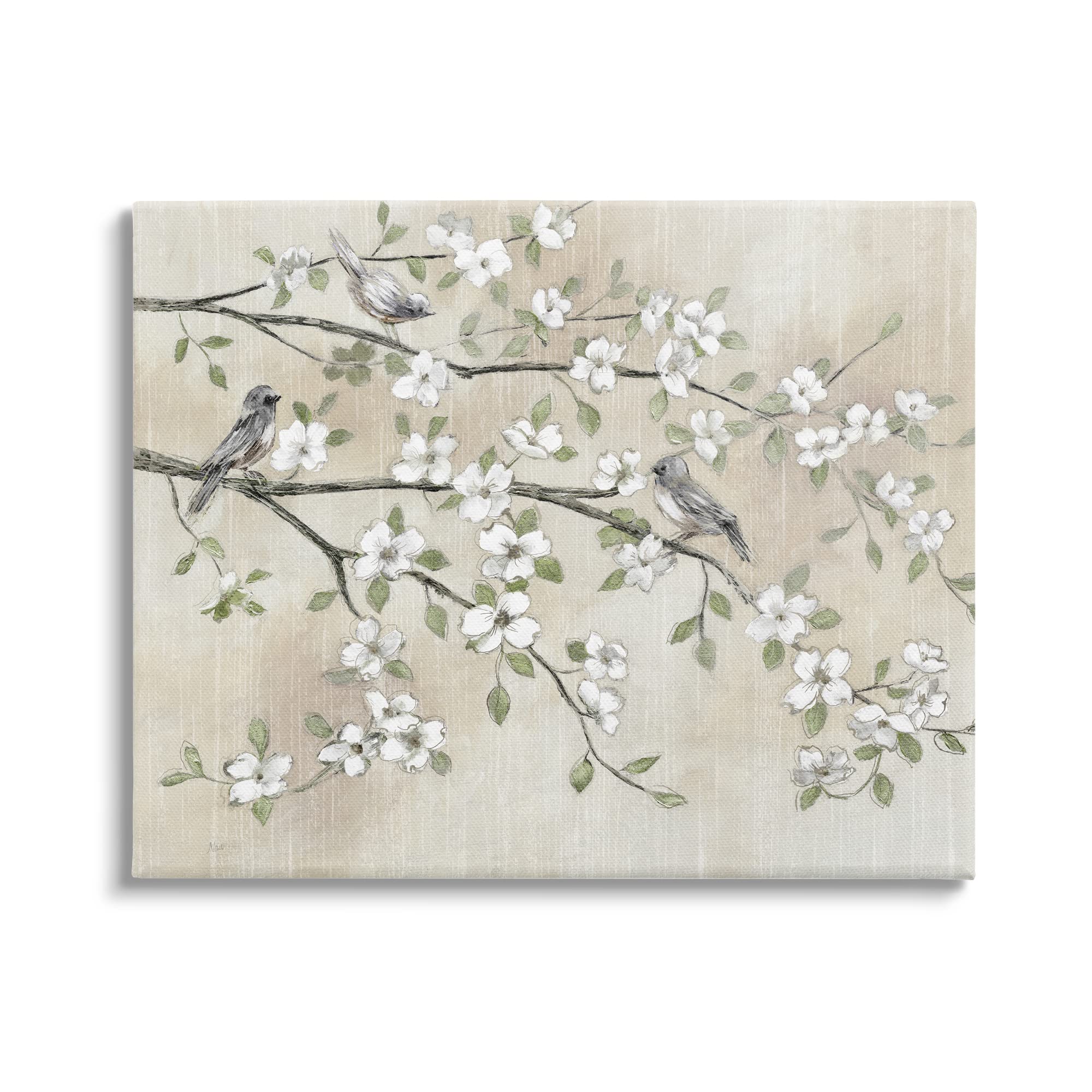 Stupell Industries Traditional White Cherry Blossom Birds Branches Wall Art Painting - Handcrafted Floral Canvas Print by Artist Nan - Perfect for Living Room, Bedroom & Office Decor