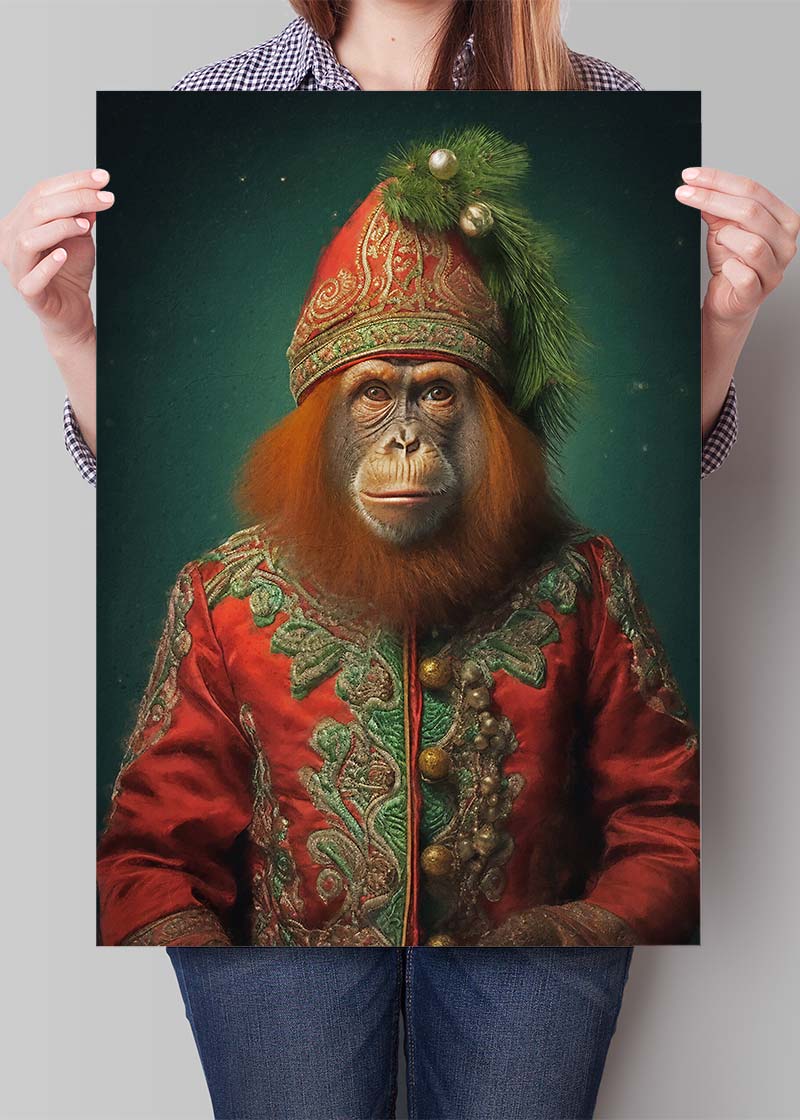 Christmas Orangutan Animal Portrait Print - Unique Wildlife Wall Art for Holiday Decor & Gifts
