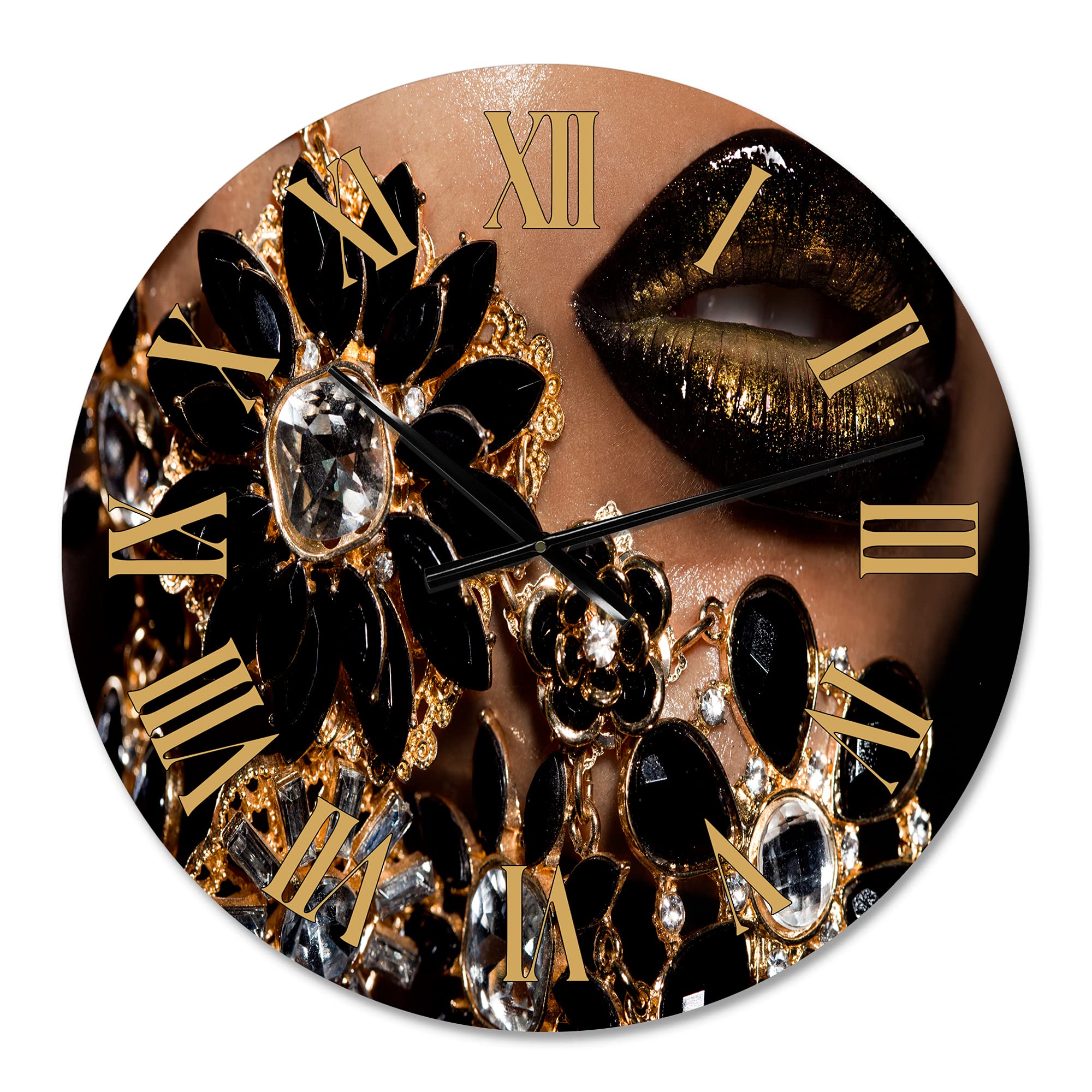 DesignQ Modern Wall Clock - Elegant Female Lips with Golden Jewelry Decor, Large Silent Non-Ticking Clock for Office, Living Room, Bedroom & Home Decor