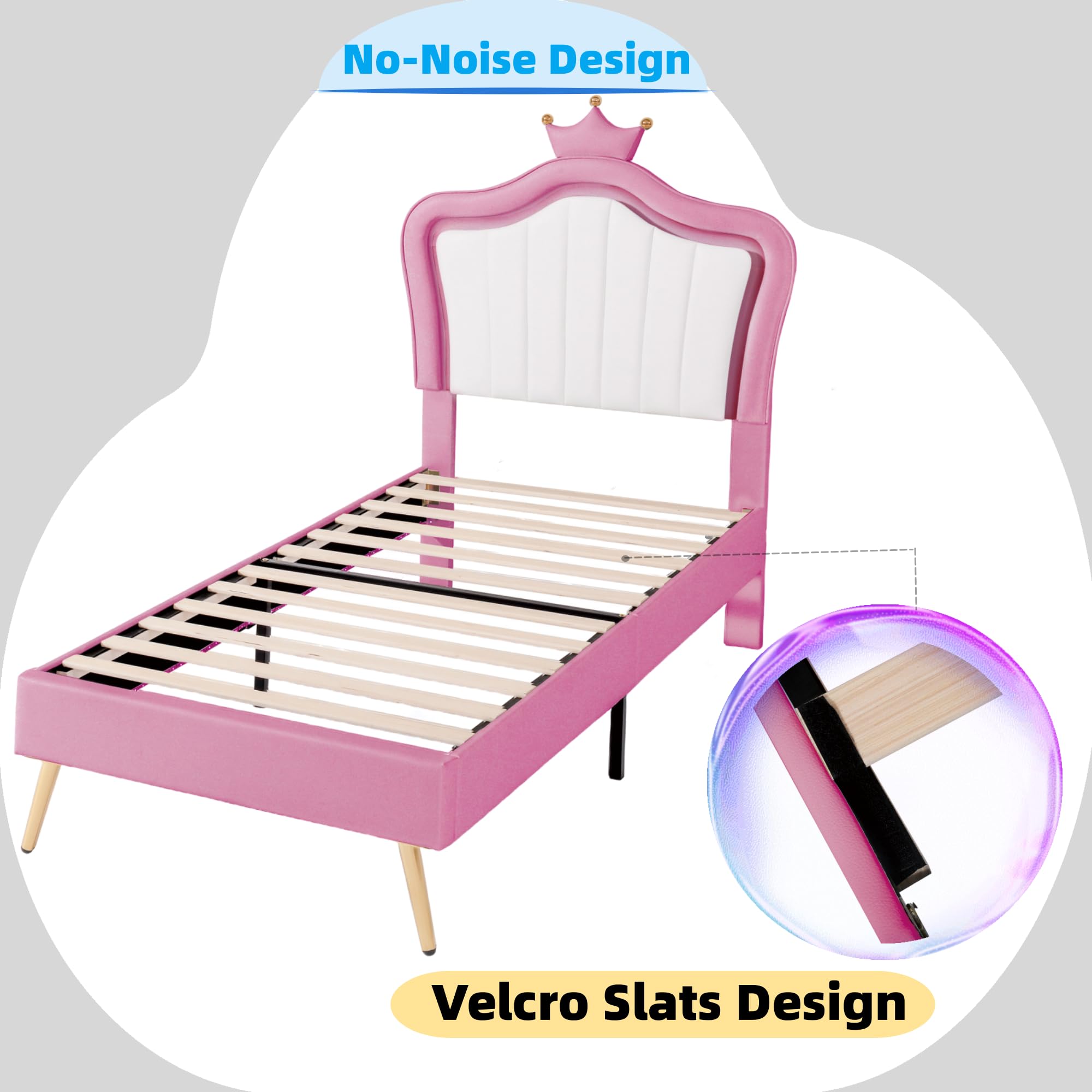 Linique Twin Size Upholstered Bed Frame with LED Lights - Modern Princess Bed with Crown Headboard in White & Pink - Perfect for Girls' Bedroom, Teen Room Decor & Princess-Themed Nursery