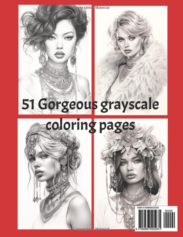 Grayscale Coloring Book for Adults - Elegant Women's Portraits with Diamonds, Jewelry & Fashion | Stress Relief & Creative Art Therapy | Perfect Gift for Women, Birthday & Relaxation