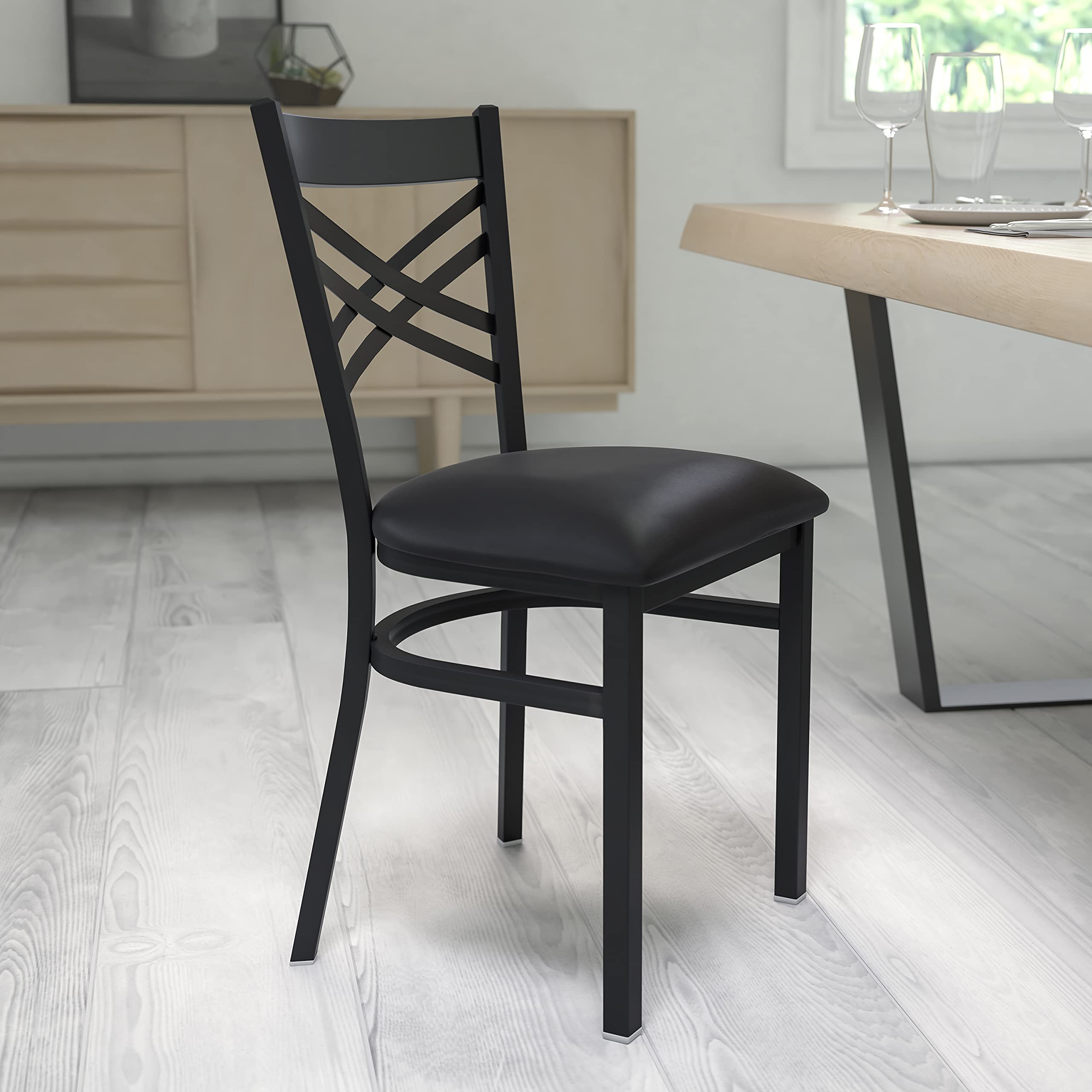 Black X-Back Metal Restaurant Chair with Vinyl Seat - Durable & Stylish Dining Furniture for Cafes, Bistros, and Home Kitchens