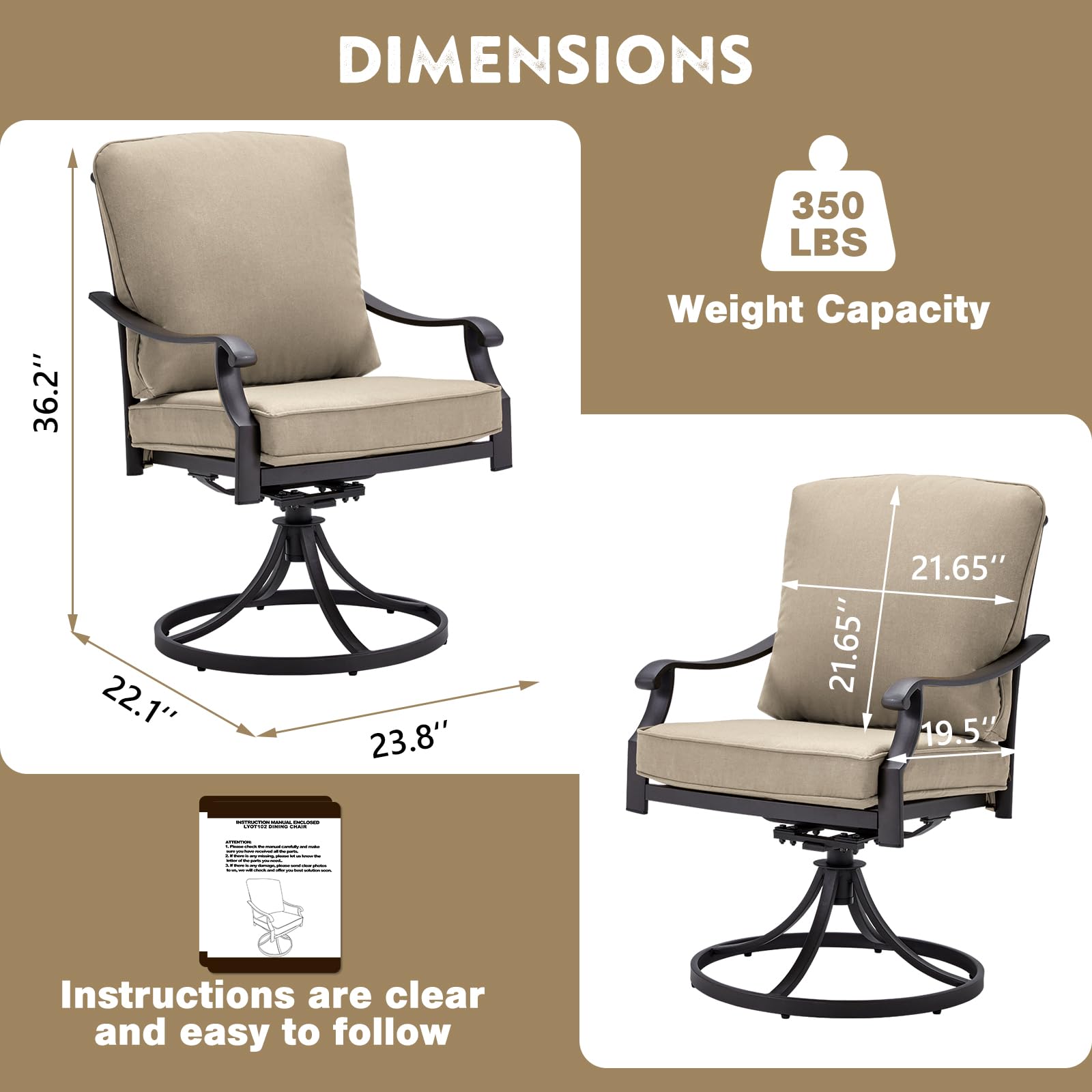 MELLCOM 2-Piece Patio Swivel Chair Set - Heavy Duty Outdoor Dining Chairs with Thickened Cushions, Gentle Rocking Metal Chairs for Garden, Lawn, Porch & Backyard - Khaki - Perfect for Outdoor Dining, Relaxing & Entertaining