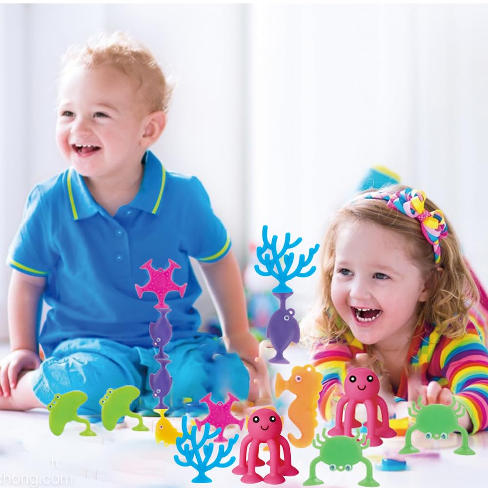 9 PCS Silicone Ocean Animal Suction Cup Bath Toys for Toddlers & Kids 6+ Months - Mold-Free, No-Hole Bathtub Sensory Building Toys - Perfect for Bath Time Fun, Early Learning & Sensory Play
