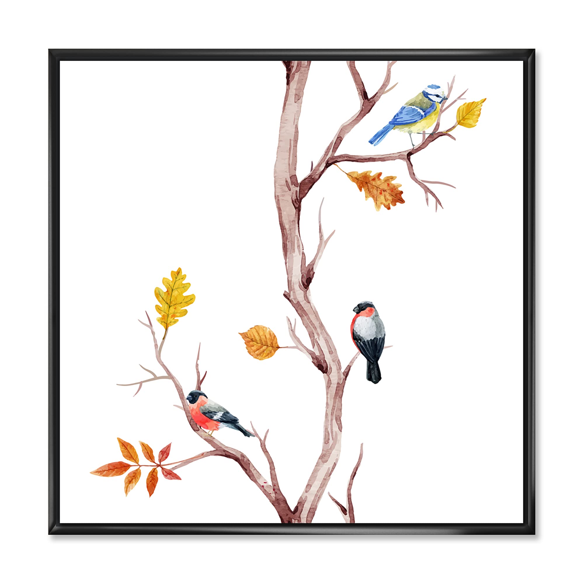 DesignQ Little Birds on Tree Branches IV - Traditional Framed Canvas Wall Art Print for Living Room, Bedroom & Office Decor