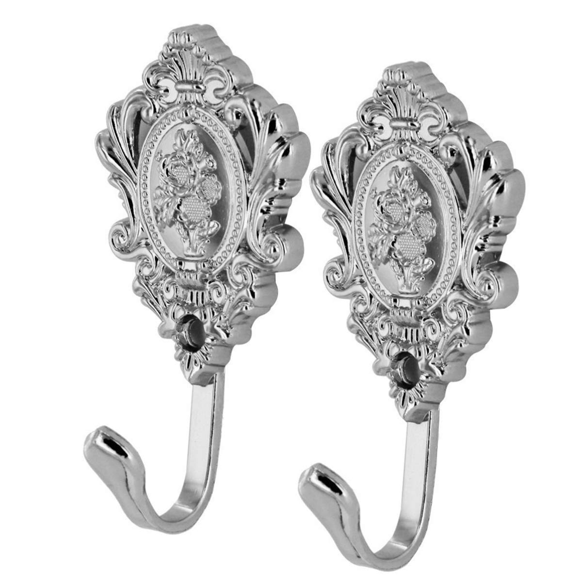 EXCEART 2 Pack Vintage Rose Carved Drapery Tiebacks - Zinc Alloy Curtain Holdbacks, Wall Mounted Hooks for Living Room & Bedroom (Silver) - Perfect for Vintage Home Decor & Window Treatment Accessories