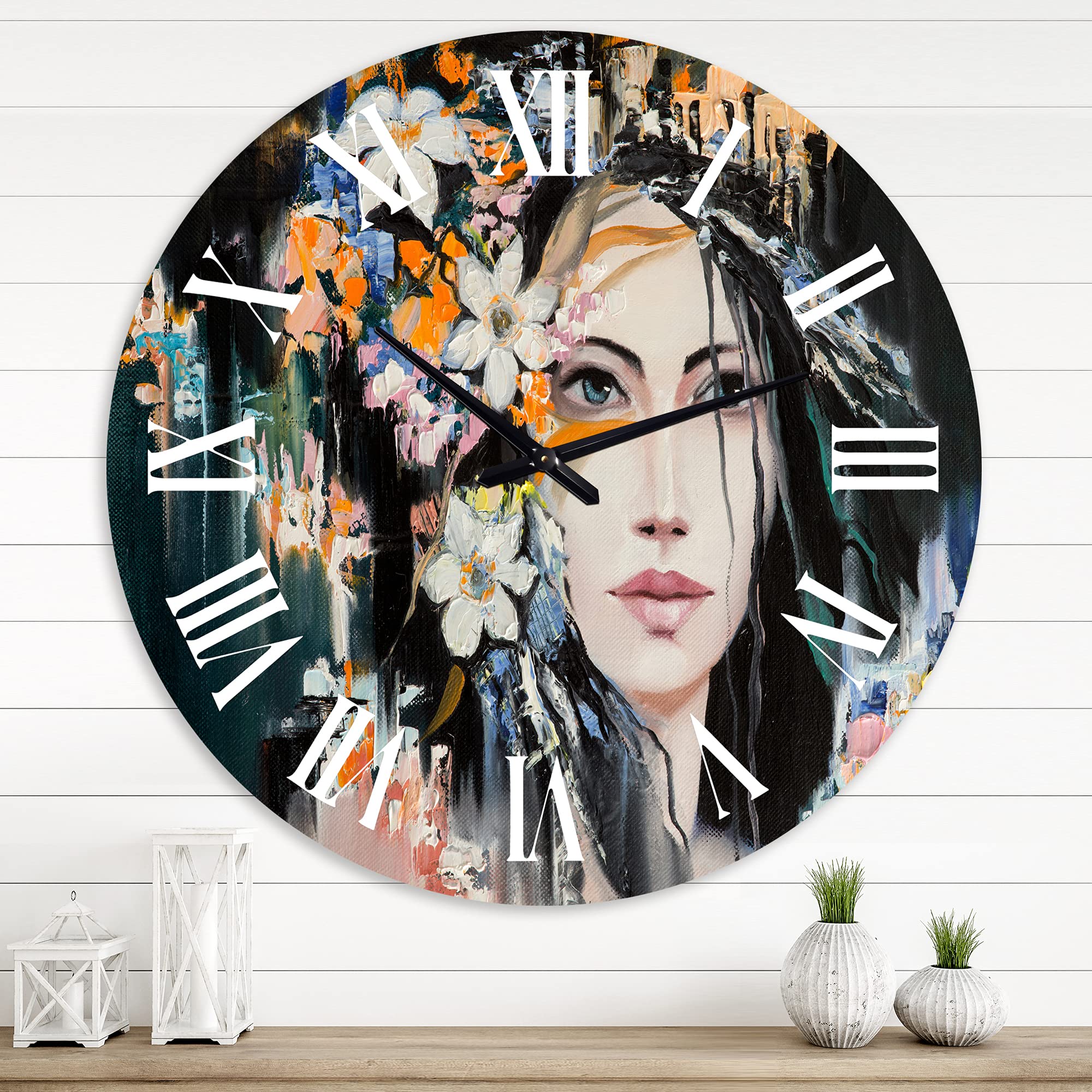 DesignQ Modern Wall Clock 'Portrait of A Young Lady with Flowers I' - Large Decorative Wall Clock for Bedroom, Living Room, Office - Vintage Art Home Decor for Housewarming Gifts