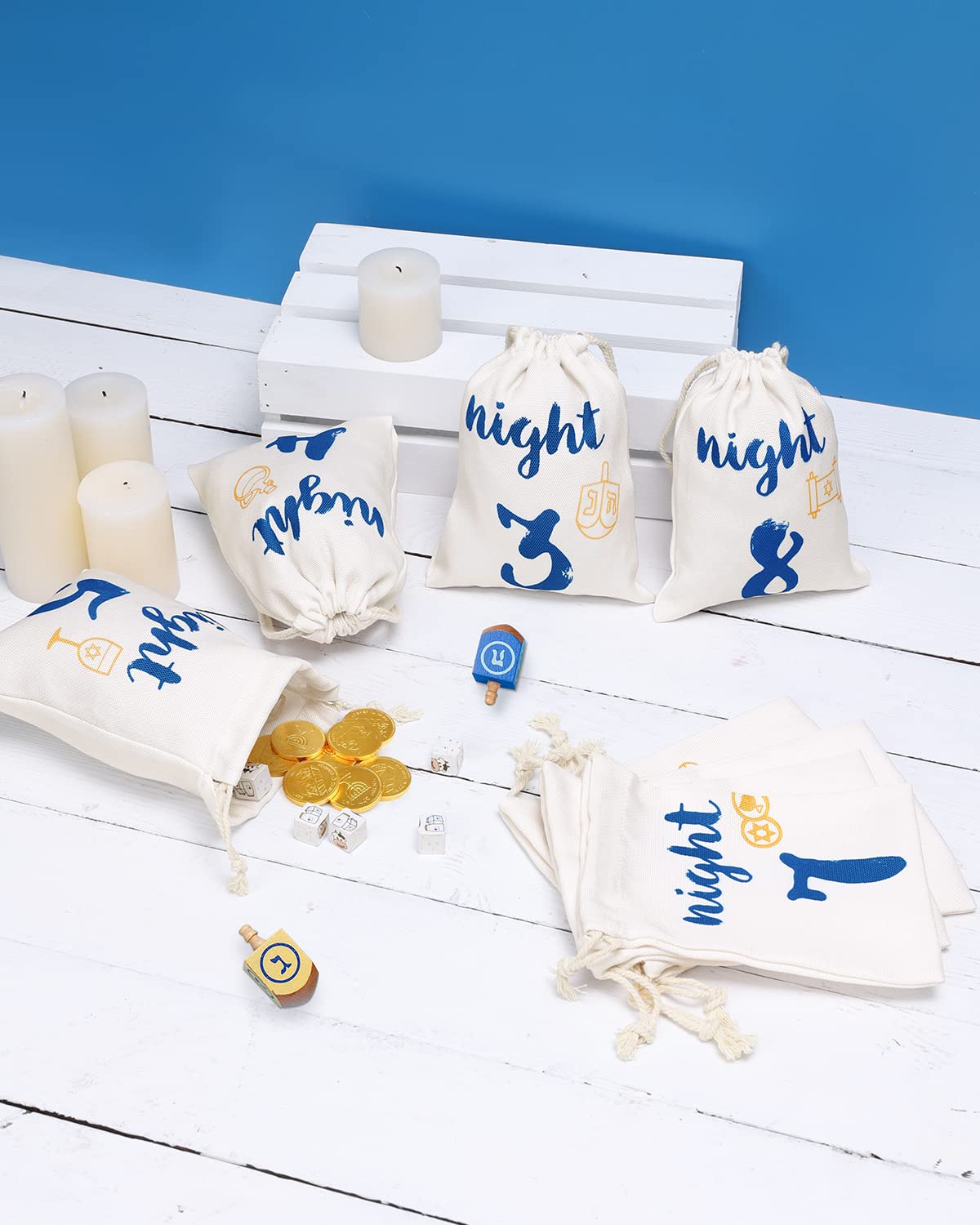 8 Pack Hanukkah Gift Bags - Chanukah Countdown Calendar with Drawstring Burlap Bags for Festival of Lights, Linen Treat Goodie Bags - Perfect for Hanukkah Party Favors, Holiday Celebrations & Jewish Tradition Gifts