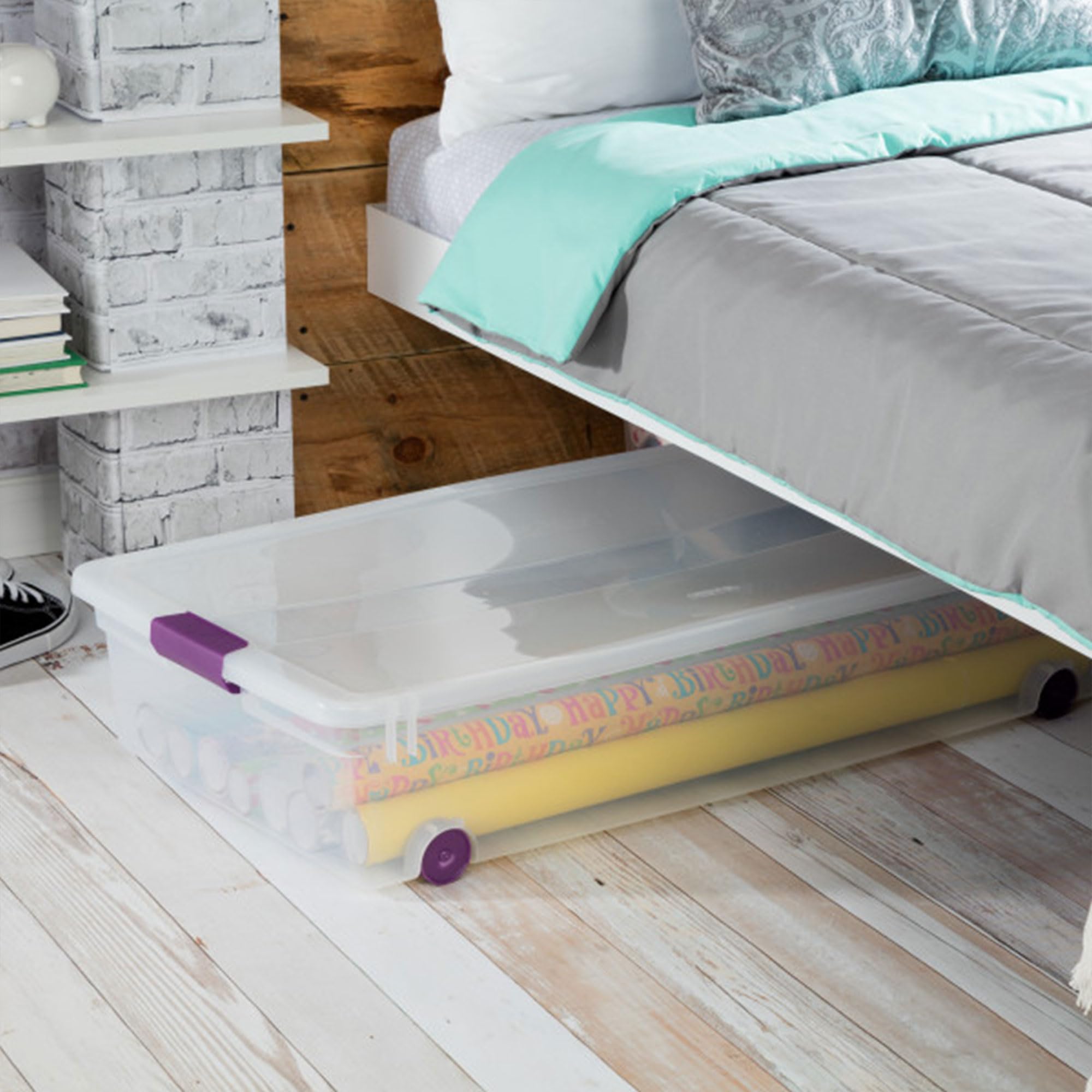 Sterilite 4-Pack ClearView Latch Box with Wheels - 60 Quart Underbed Storage Bins for Clothes, Toys & Seasonal Items - Space-Saving Home Organization Solution for Bedroom, Closet & Dorm Rooms