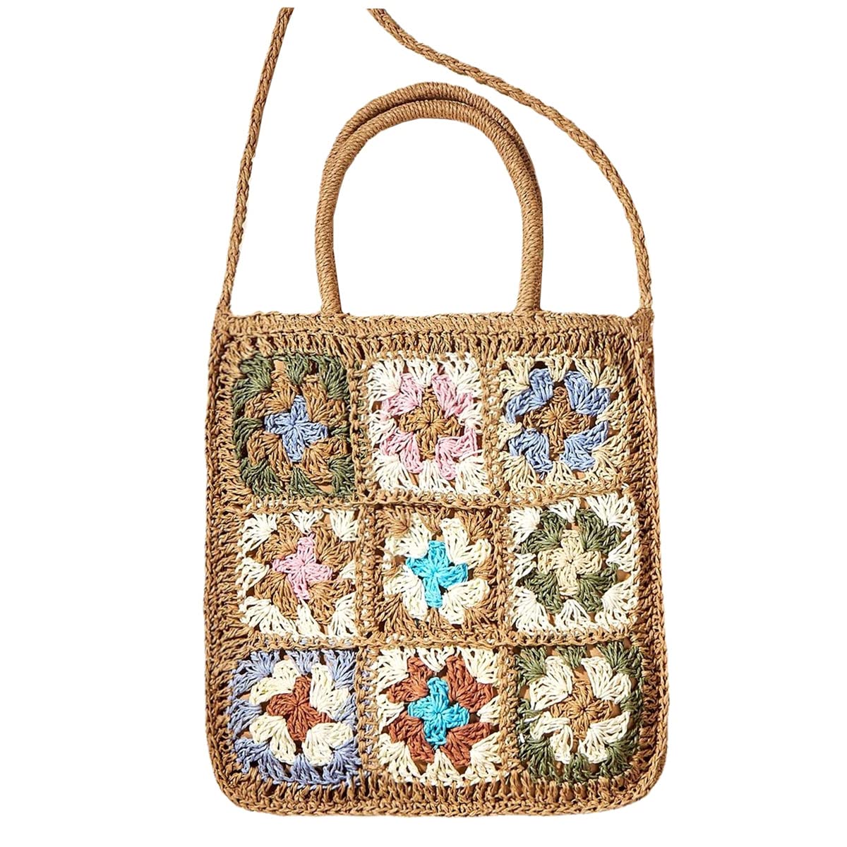 Straw Bag for Women - Hand-Woven Rattan Shoulder Bag & Crossbody Purse - Jiugongge Floral Retro Beach Bag (Khaki) | Perfect for Summer Vacations, Beach Trips & Boho Fashion