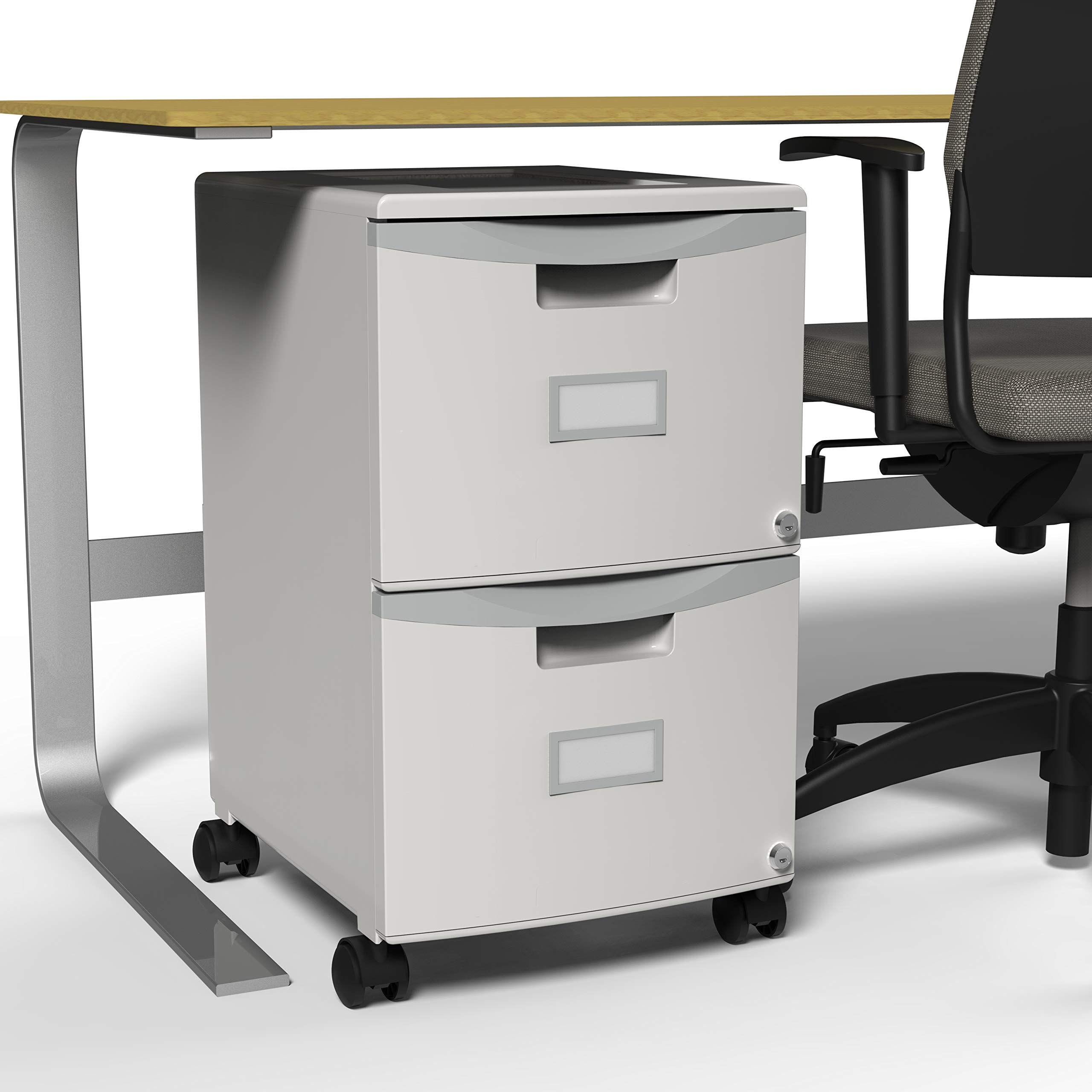 Storex Plastic Two-Drawer File Cabinet with Locking Mechanism - Mobile Document Organizer with Casters for Home Office Organization, Gray, 1-Pack (61310B01C) - Perfect for Storing Legal Files, Tax Documents & Office Supplies