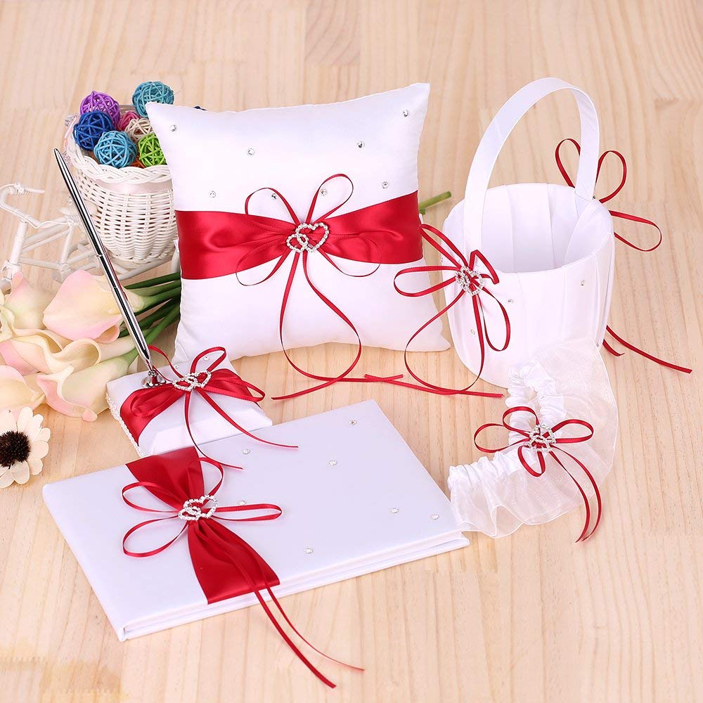 5-Piece Red Wedding Accessories Set - Flower Girl Basket, Guest Book Pen, Ring Pillow & Garter - Perfect for Wedding Ceremonies, Bridal Showers & Reception Decor