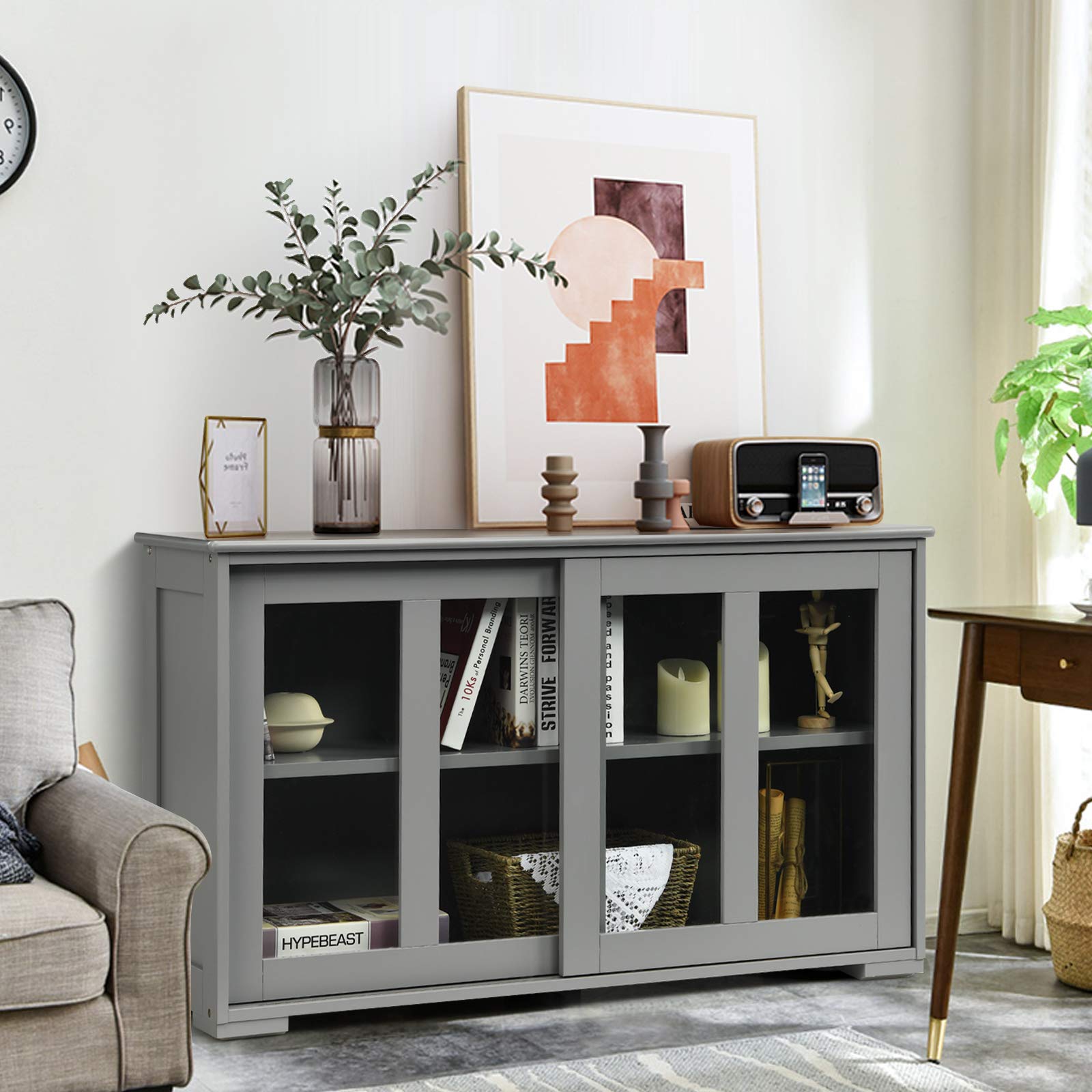 Costzon Wooden Sideboard Buffet Cabinet with Adjustable Shelf & Sliding Glass Doors - Kitchen Storage Cabinet, Coffee Bar Console Table for Living Room, Dining Room, Hallway - Perfect for Home Decor & Entertaining (Grey)