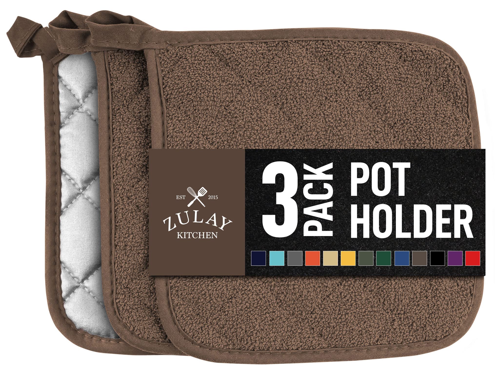 Zulay 3-Pack Heat Resistant Cotton Pot Holders - 7x7 Inch Quilted Terry Cloth Kitchen Potholders for Cooking, Baking & Grilling - Washable Oven Mitts for Hot Pans, Pots & Baking Trays (Chocolate Brown) - Perfect for Holiday Cooking, BBQ Parties & Everyday Kitchen Use