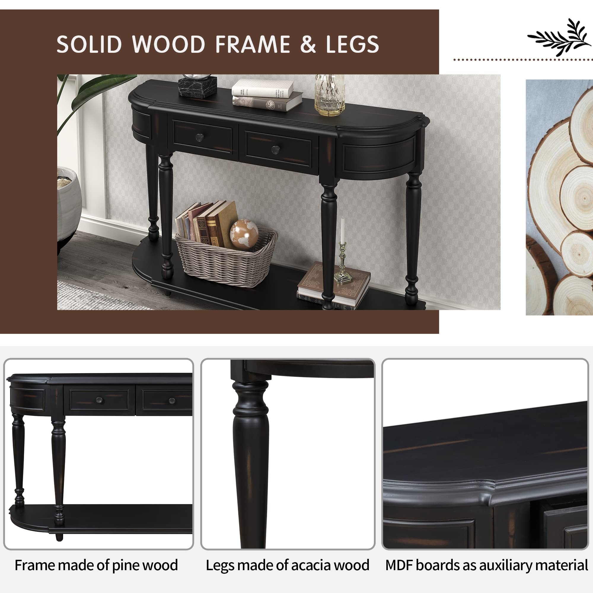 Vintage Curved Console Table with 2 Drawers - Solid Wood Frame Entryway Sofa Table for Living Room, Kitchen & Hallway - Black