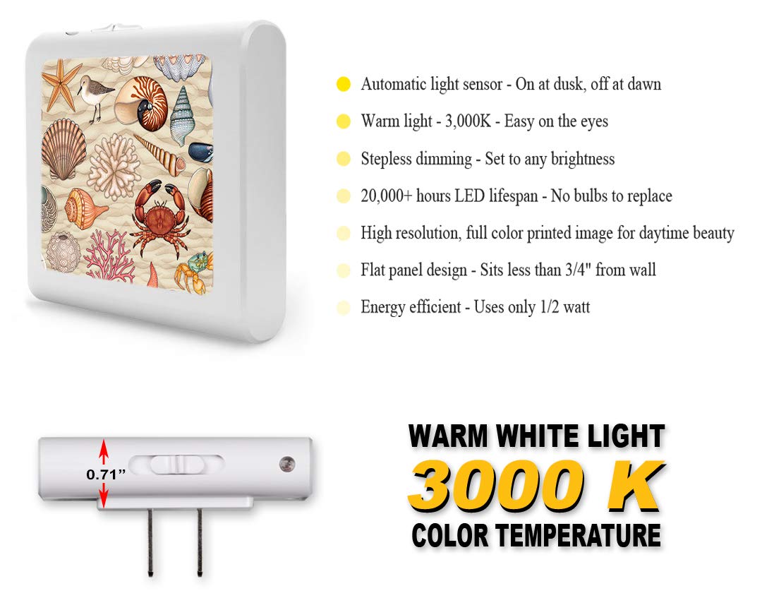 Dimmable LED Night Light with Auto On/Off Sensor, Adjustable Brightness & Warm White Light - Perfect for Bathroom, Hallway, Nursery, Bedroom - Beach Combing Design by Dan Morris - Ideal for Nighttime Safety & Comfort