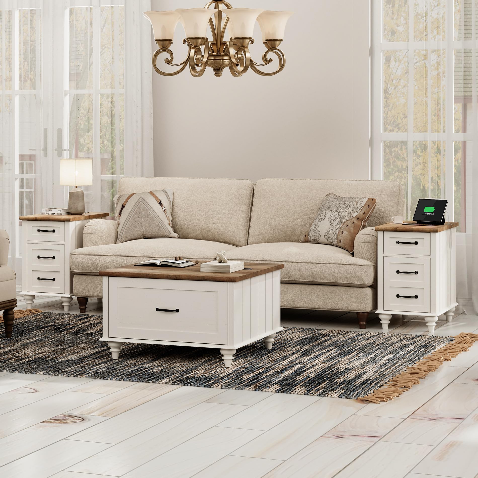 WAMPAT 3-Piece Farmhouse Living Room Table Set - Lift Top Coffee Table with Drawer & 2 End Tables with Charging Station, Off White - Perfect for Small Spaces, Living Room Decor & Nightstand Use