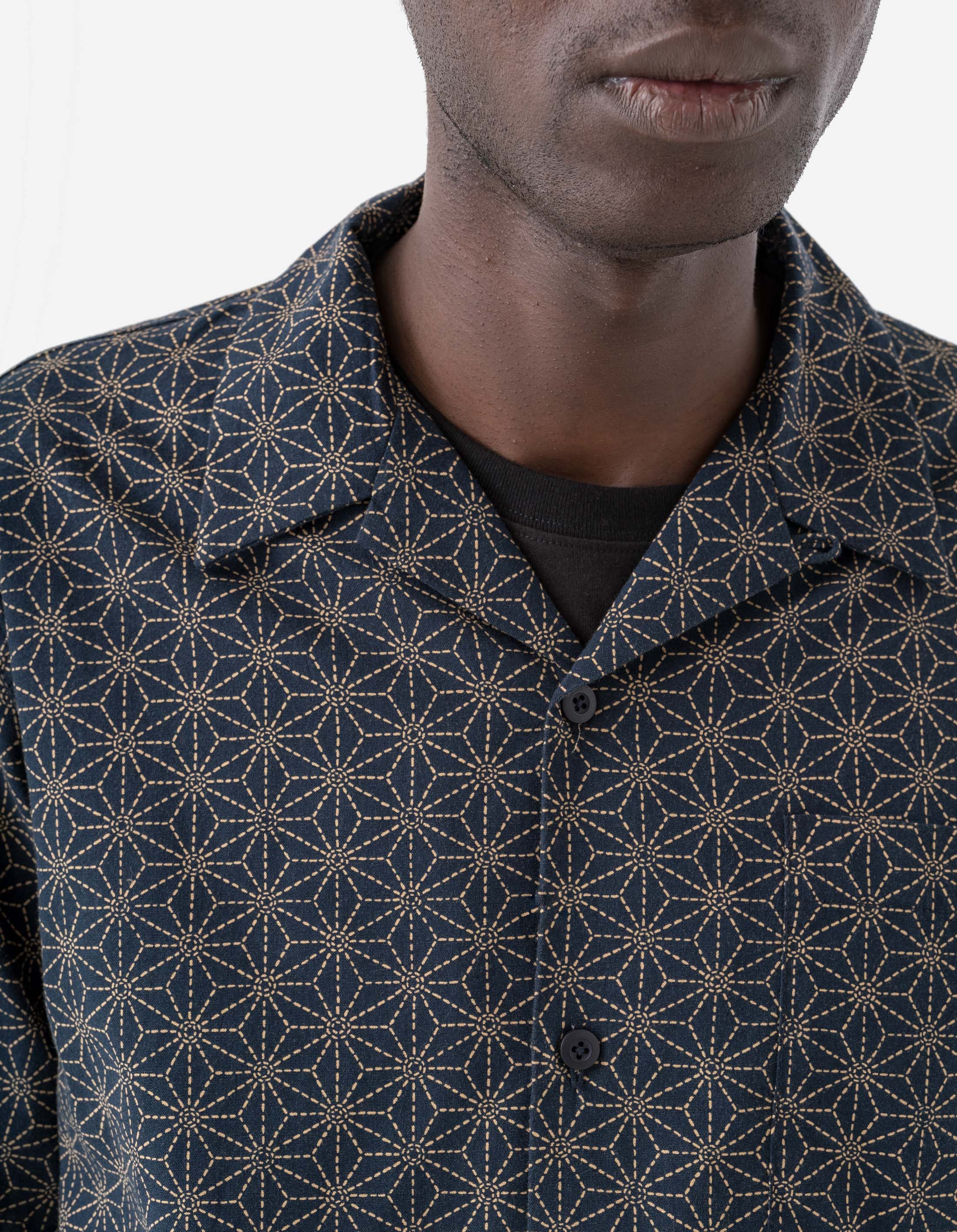 6239 Wagara Camp Collar Shirt Navy - Japanese Style Casual Summer Shirt for Men, Perfect for Beach, Vacation and Outdoor Activities