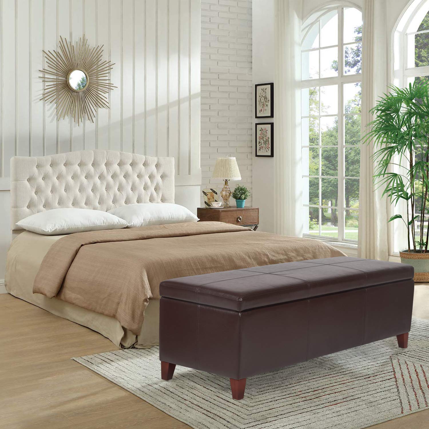 Homebeez Large Leather Storage Ottoman Bench - Multi-Functional Footrest, Shoe Bench for Entryway, Living Room, Bedroom - Brown (OF0238-1) | Perfect for Small Space Organization & Extra Seating