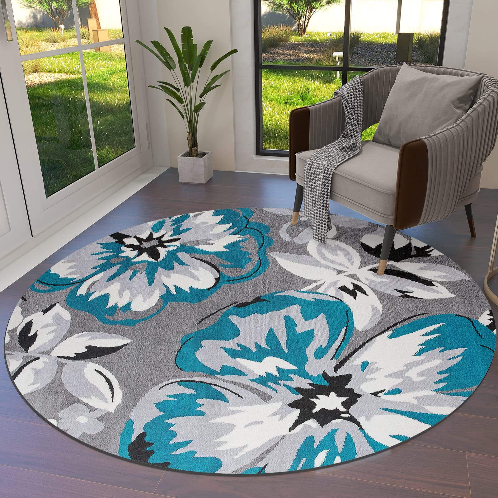 5 FT Round Area Rug - Teal Gray Floral Design Soft Carpet for Living Room, Playroom, Yoga & Home Decor | Non-Slip Floor Mat for Kids Play Area & Family Spaces