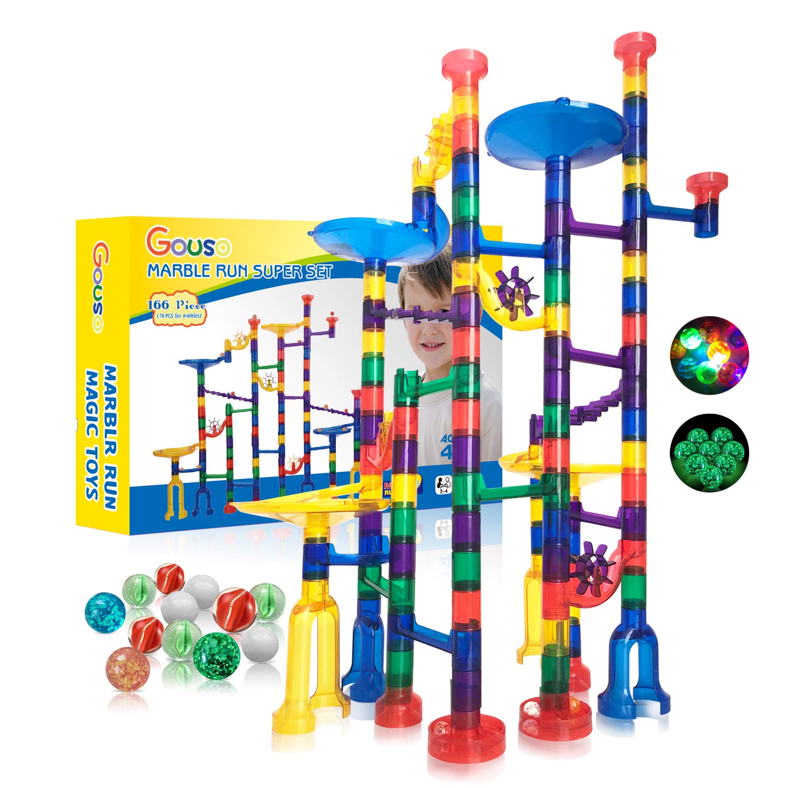 166Pcs Glowing Marble Run STEM Building Toy for Kids Ages 4-12 - Educational Marble Maze & Construction Blocks Brain Game with 16 Glow in The Dark & 20 Glass Marbles | Perfect Birthday Gift for Boys & Girls | Indoor Play, STEM Learning & Family Fun Activity