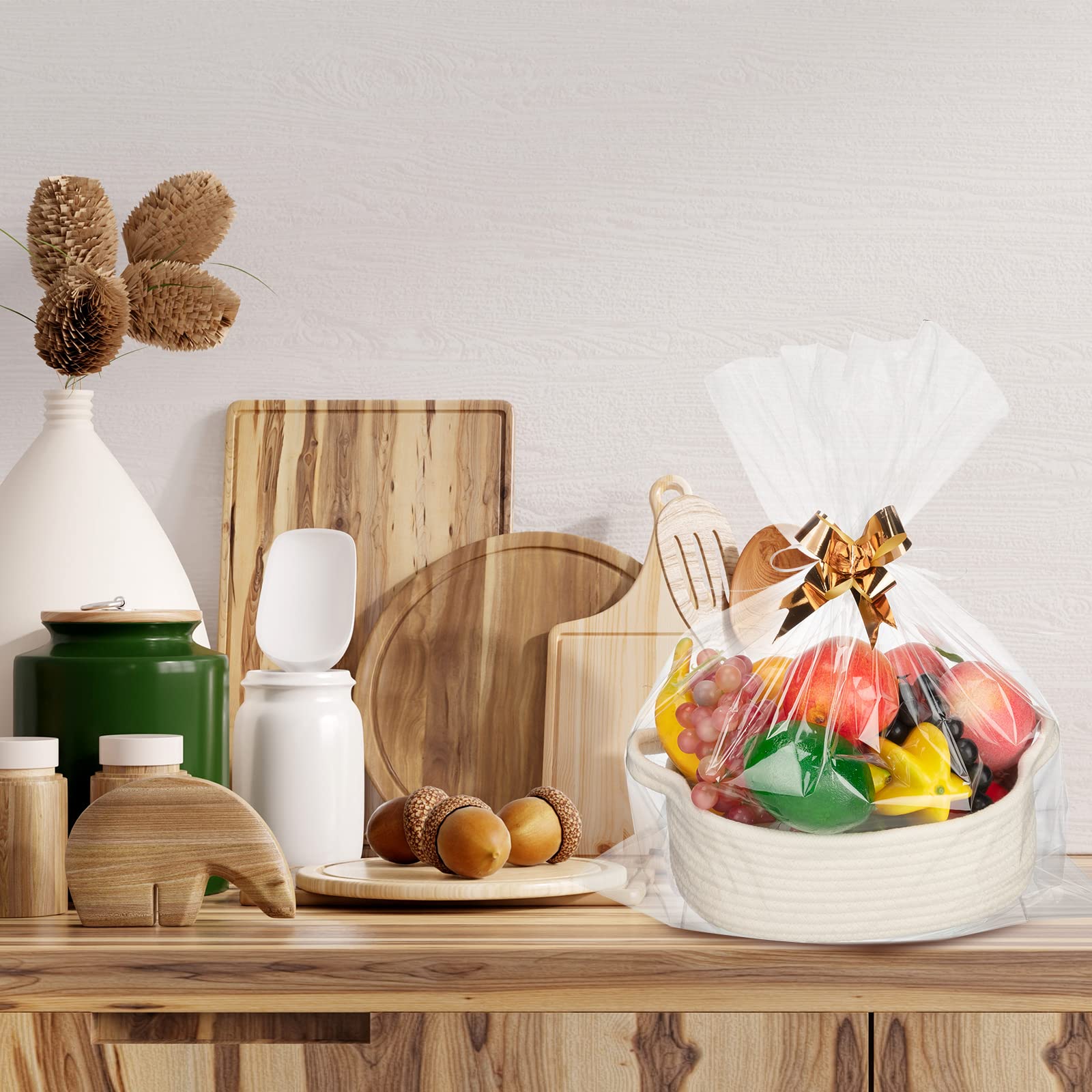 6 Sizes Woven Storage Basket with Gift Bags & Gold Bows - Soft Cotton Rope Handled Basket for Baby Toys, Home Organization - Perfect for Easter, Birthday, Christmas Gifts & Nursery Decor