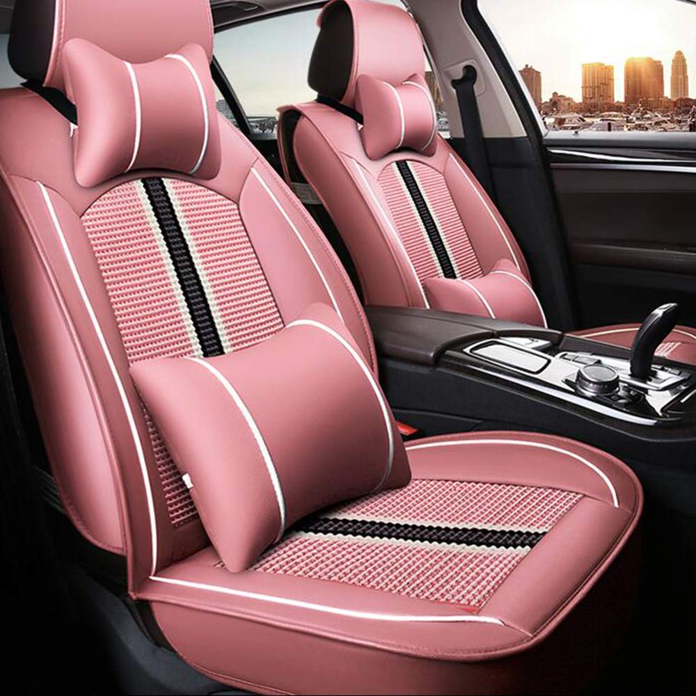 Surefit Chevy Chevrolet Sonic 5-Seat Front Seat Covers - Premium PU Leather Car Seat Protectors with Comfort Cushion & Needlework Design (Pink) - Perfect for Daily Commute, Road Trips & Interior Protection