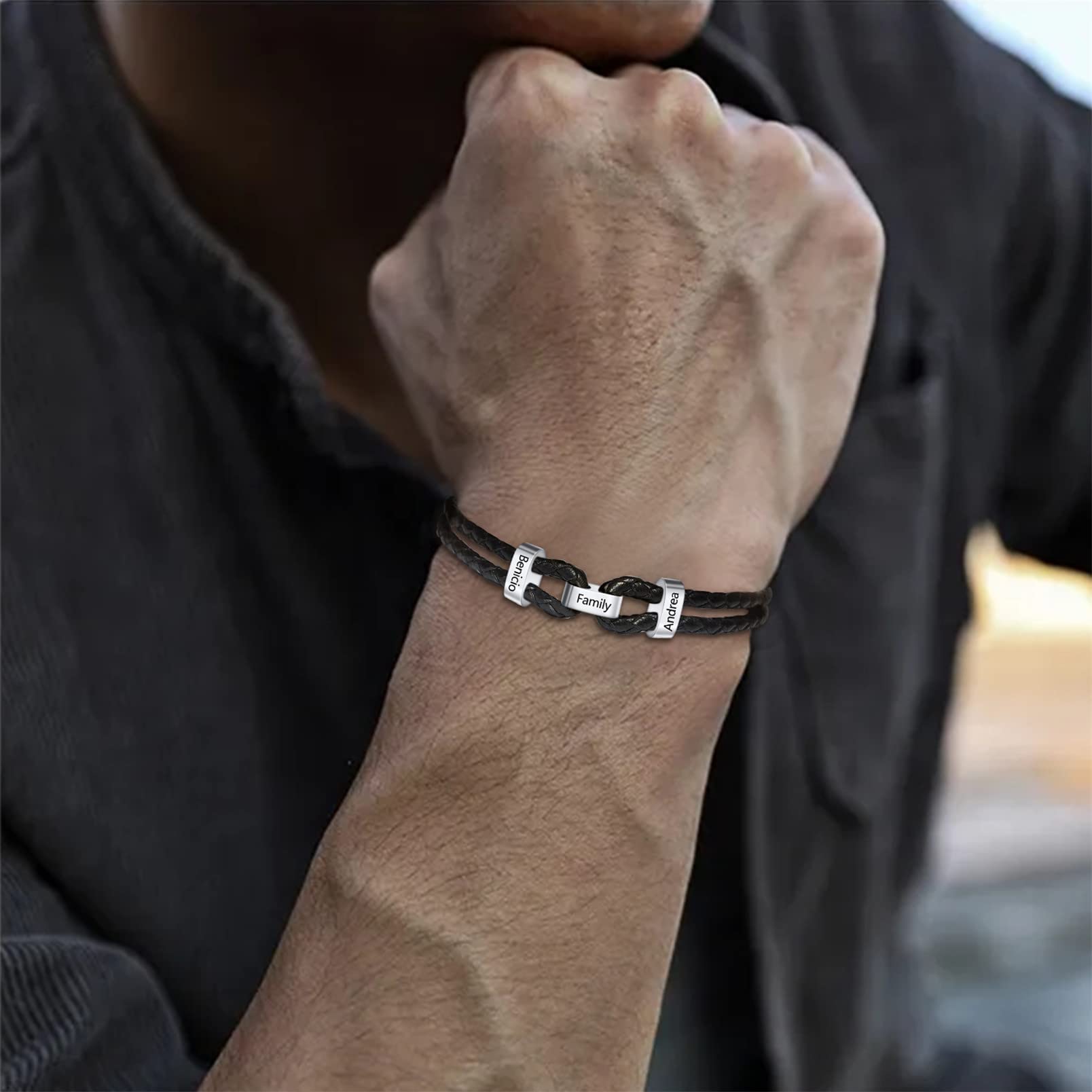 Custom Engraved Leather Bracelet for Men - Personalized Name Beads with 2-9 Names - Father's Day Gift for Dad, Husband, Grandpa - Perfect for Family Reunions, Weddings & Special Occasions