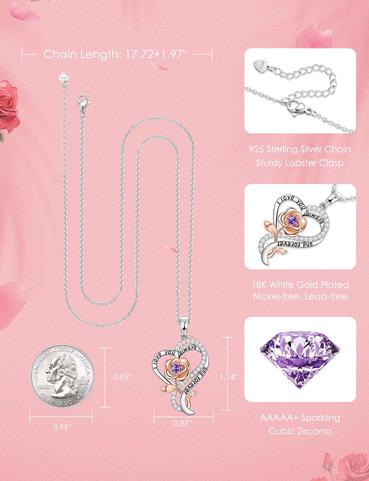 Rose Heart Necklace for Women - Sterling Silver Birthstone Jewelry Gift for Wife, Girlfriend, Mom | Valentine's Day, Anniversary, Birthday Present | Elegant Pendant Necklace for Everyday Wear & Special Occasions