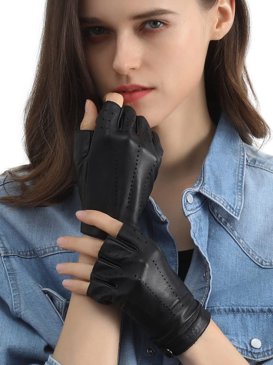 GSG Women's Fingerless Leather Driving Gloves - Genuine Motorcycle Biker Gloves, Unlined Half Finger for Comfort & Grip - Perfect for Driving, Riding & Outdoor Activities