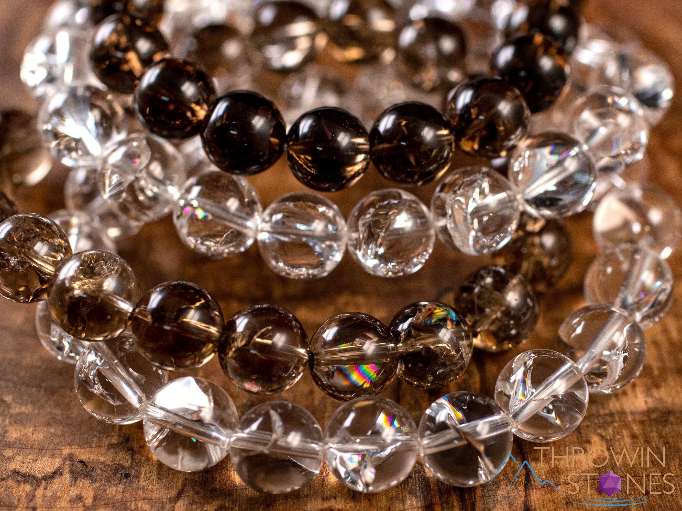 Clear or Smoky Quartz Crystal Bracelet with Rainbow Flash - Round Bead Healing Jewelry for Women | Handmade Beaded Bracelet for Meditation, Chakra Balancing & Positive Energy (E1935)