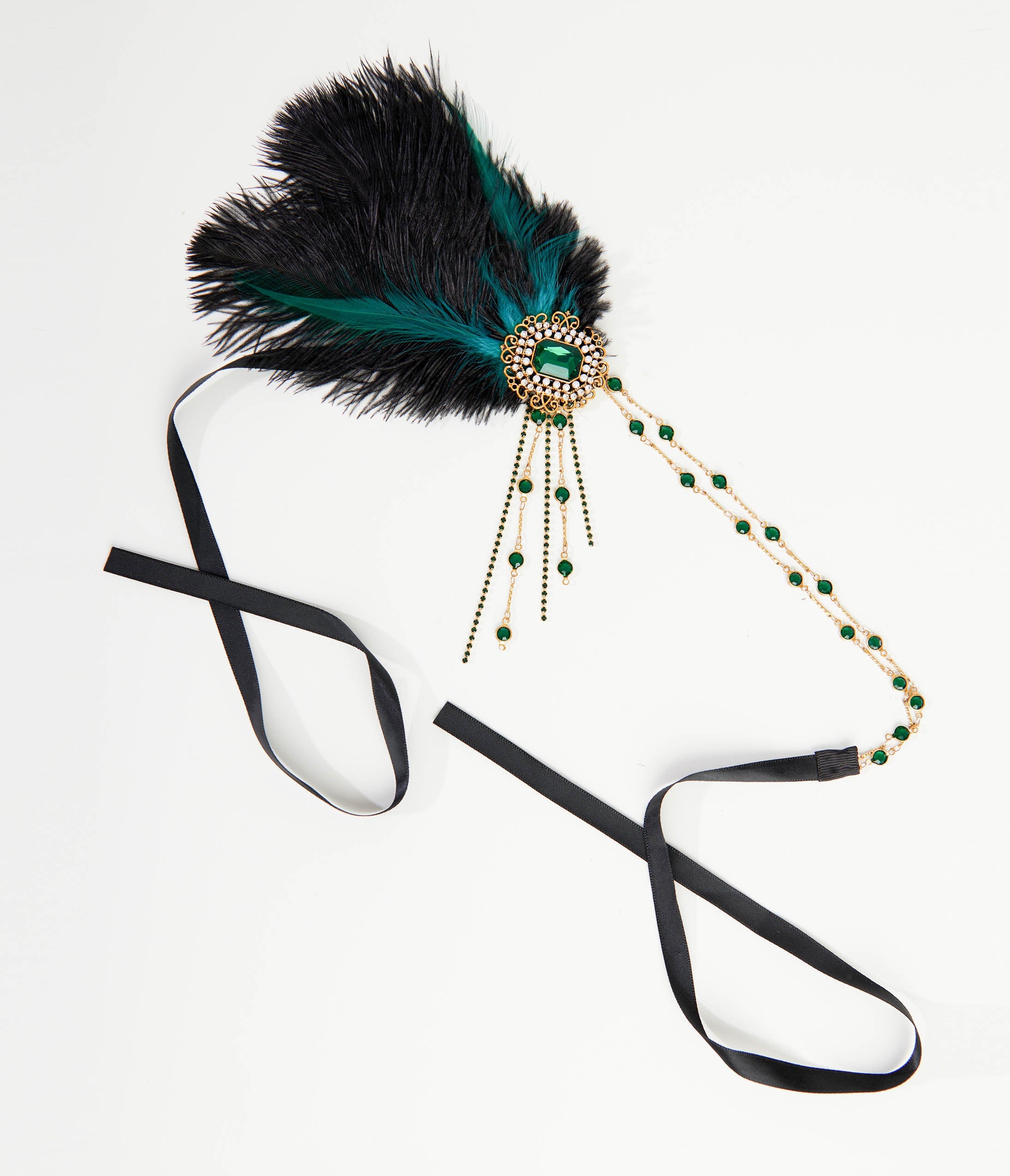 Vintage 1920s Black Feather & Emerald Rhinestone Headband - Roaring 20s Gatsby Flapper Headpiece for Costume Parties, Weddings, and Themed Events
