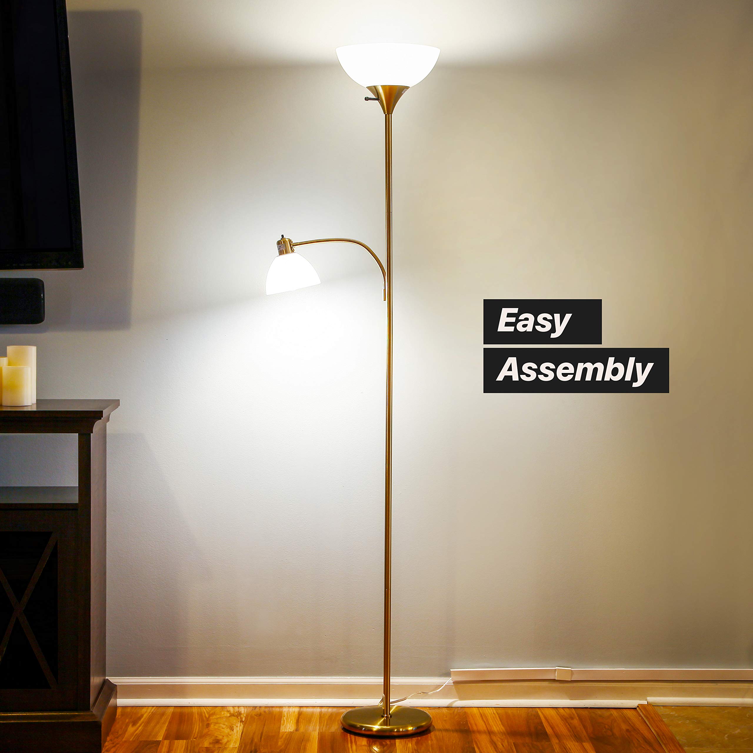 Brightech Sky Dome Plus LED Floor Lamp - Super Bright Dimmable Torchiere Standing Lamp for Living Room, Bedroom & Office - Adjustable Reading Light in Gold Brass Finish - Perfect for Cozy Nights & Workspaces