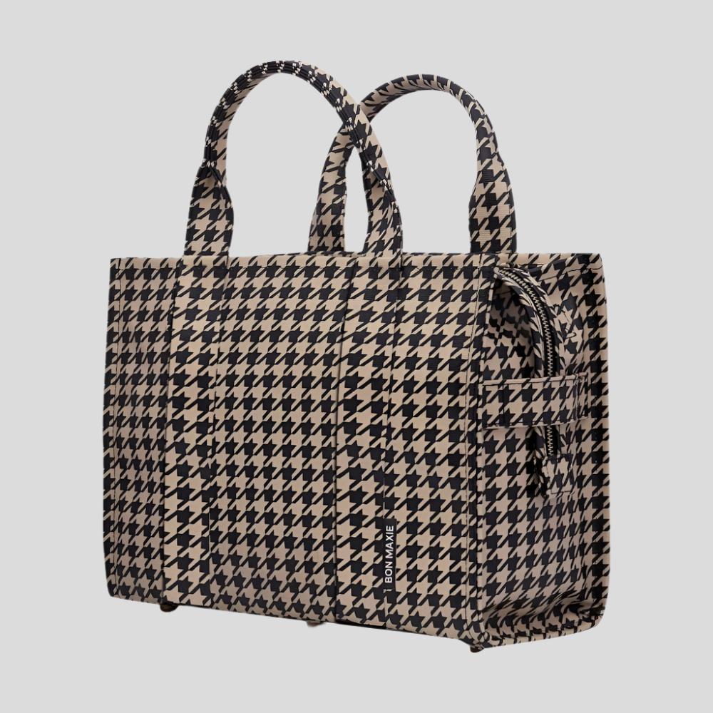 Stylish Small Structured Tote Bag - Black Houndstooth Pattern for Women | Perfect for Work, Shopping & Travel Accessories