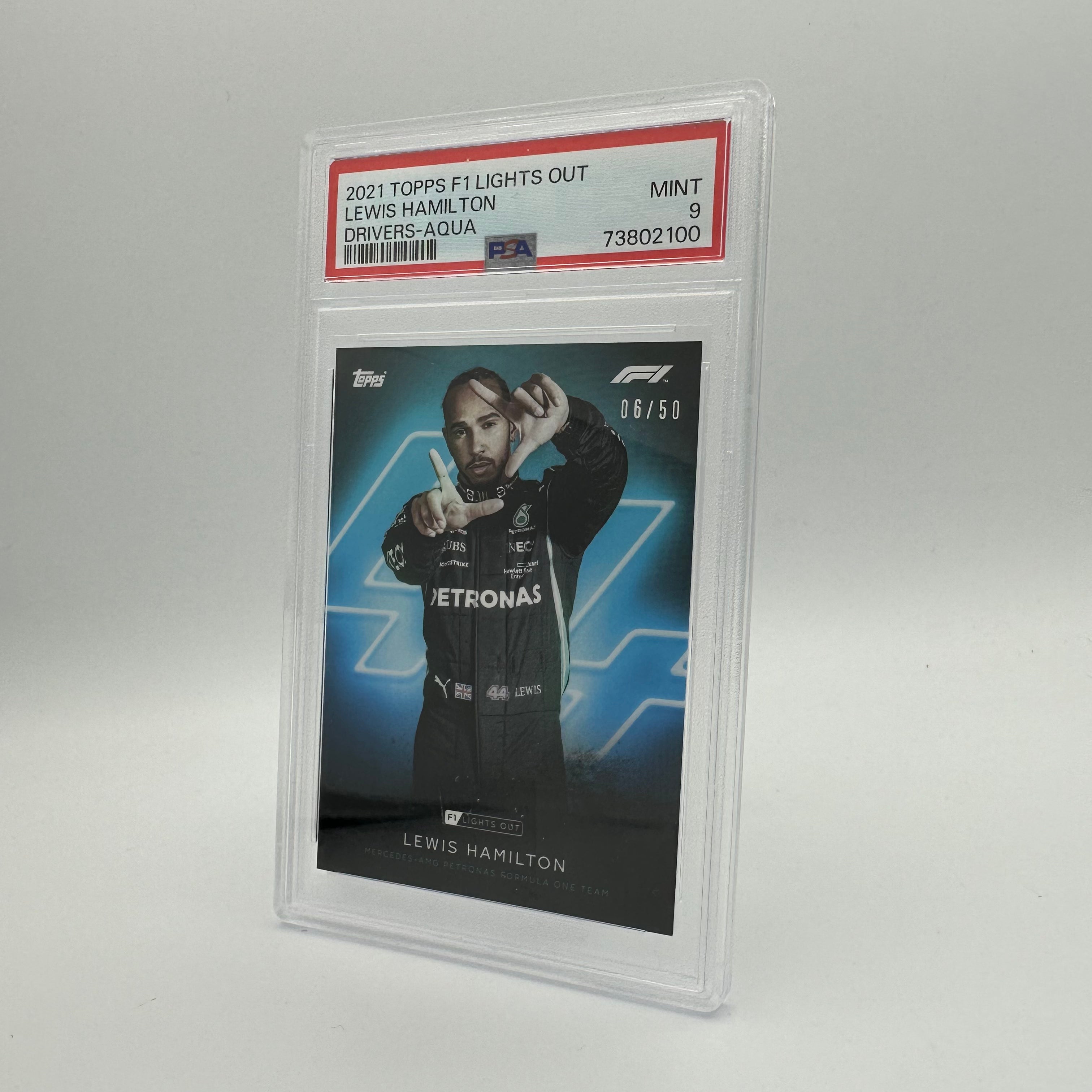 PSA 9 Graded 2006 Lewis Hamilton 50th Anniversary Aqua Racing Driver Card - Perfect for Collectors, Fans, and Sports Memorabilia Enthusiasts