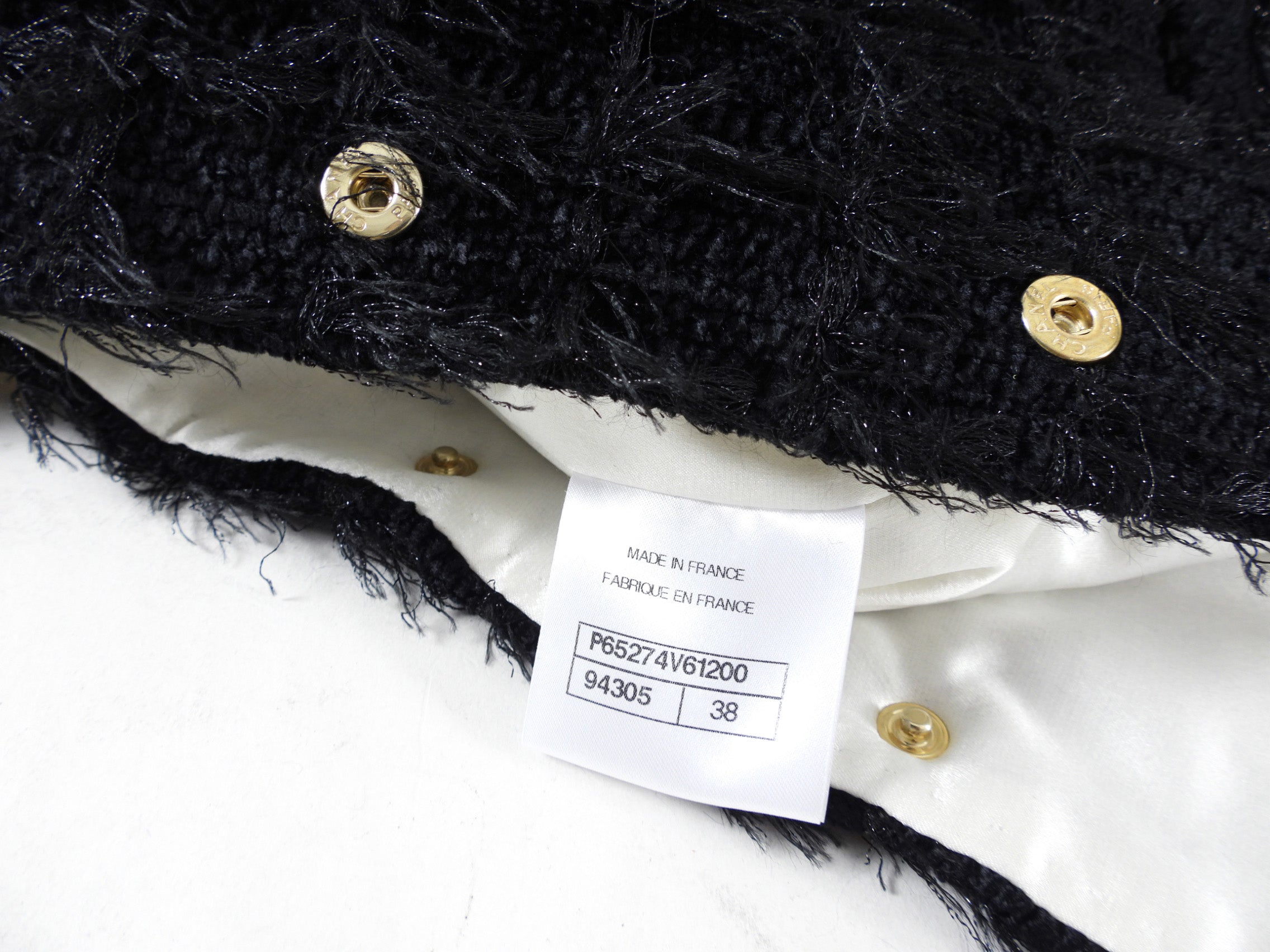 Chanel 20K Black Eyelash Tweed Jacket with White Satin Trim - Size FR38 | Luxury Designer Blazer for Women | Perfect for Evening Parties, Weddings & Special Occasions
