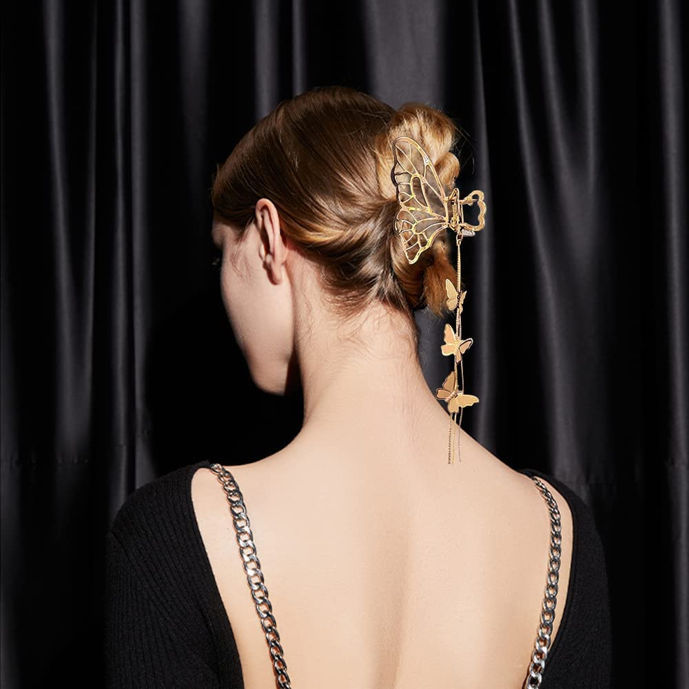 Pearl Tassel Hair Clips for Women - Gold Metal Butterfly Claw Clips (3Pcs) - Elegant Hair Accessories for Girls, Parties & Weddings