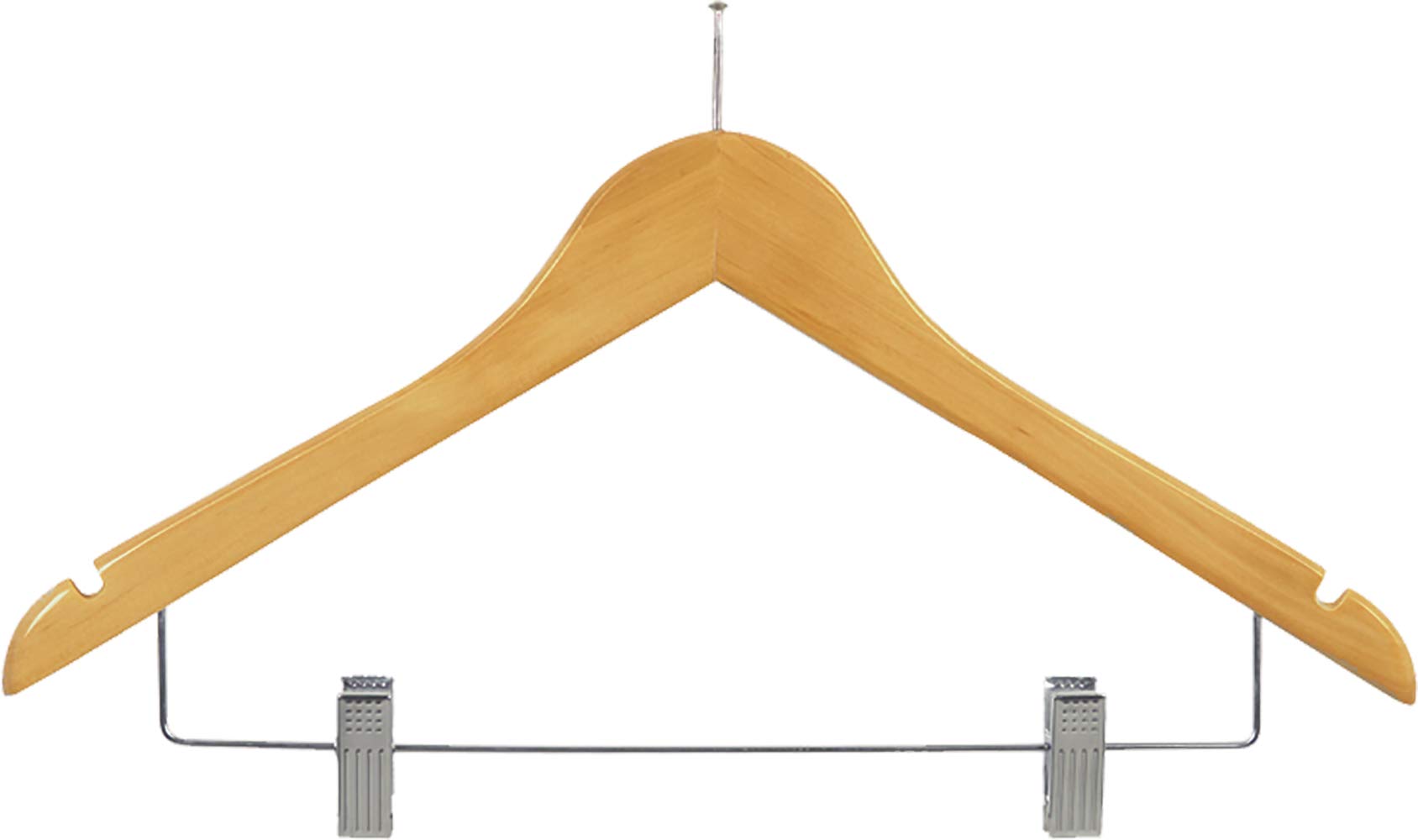 Premium Wooden Security Combo Hangers - 17 Inch Flat Design with Adjustable Cushion Clips & Anti-Theft Nail Hook - Natural Finish & Notched Shoulders - Box of 100 - Great for Retail Stores, Boutiques, and Secure Clothing Display - The Great American Hanger Company