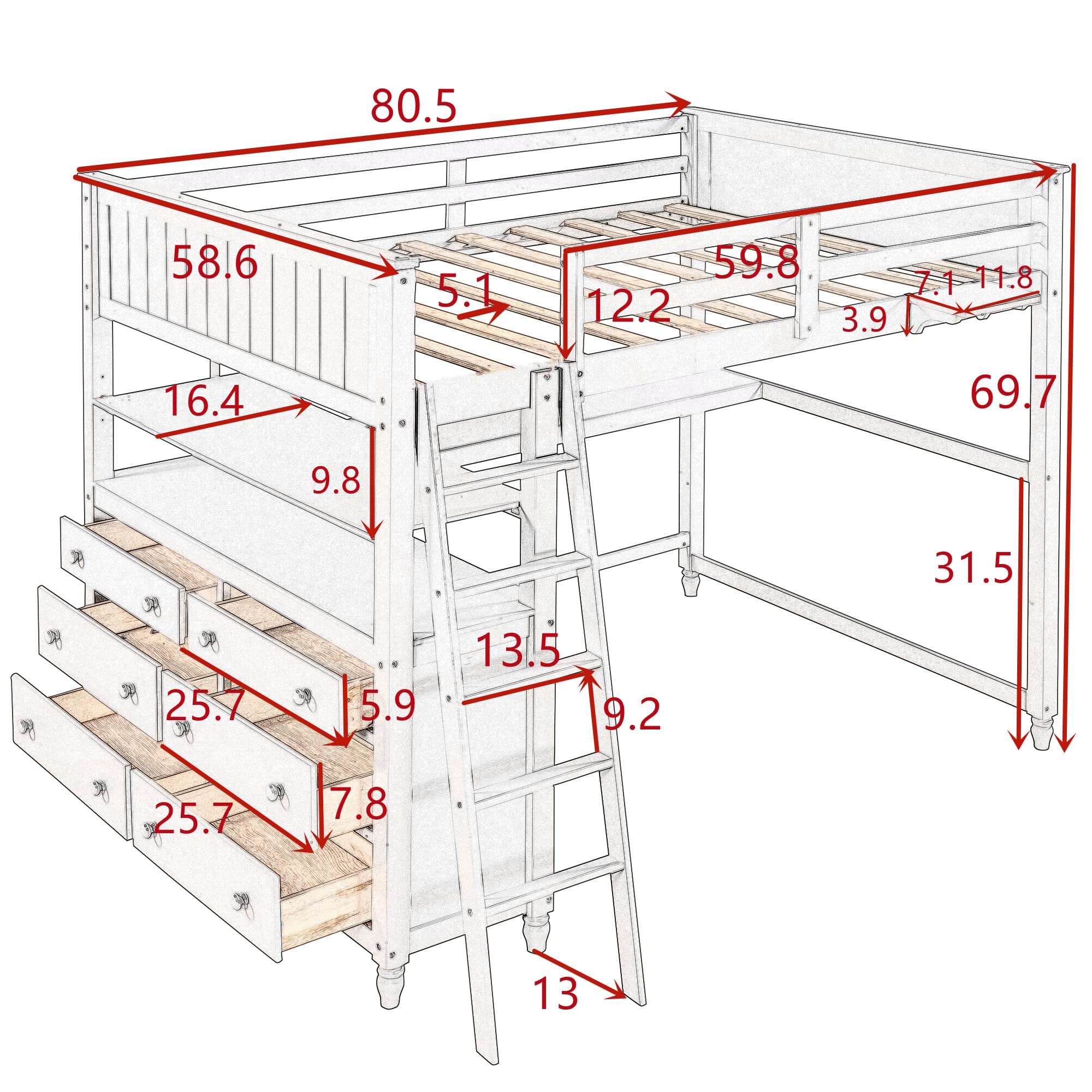 Modern Solid Pine Wood Full Size Loft Bed with Drawers, Desk & Shelves - Sturdy High Sleeper for Kids, Teens & Adults (White+A) - Perfect for Small Bedrooms, Dorms & Space-Saving Kids Rooms