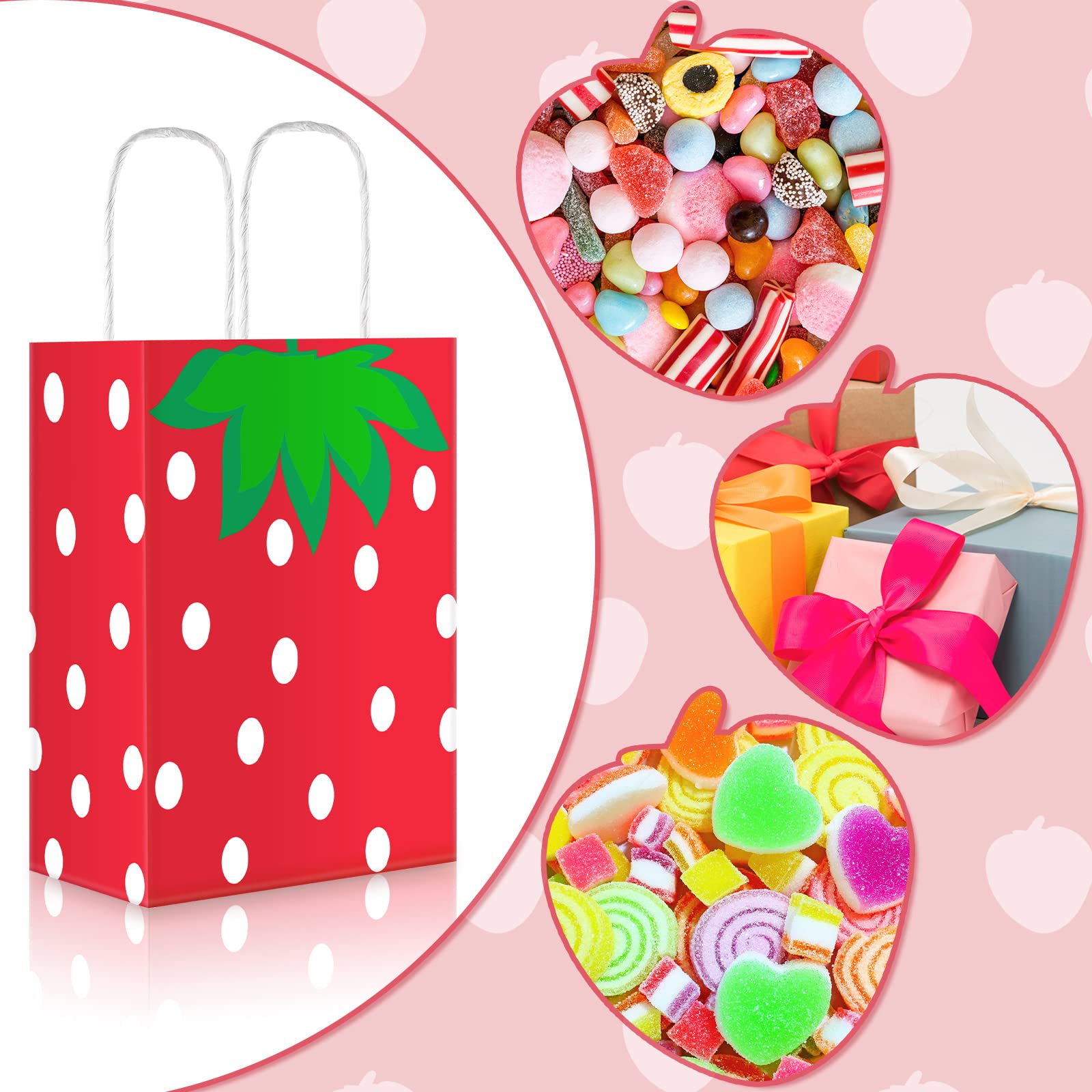 20-Piece Strawberry Party Favor Bags with Handles - Cute Strawberry Treat Candy Bags for Wedding, Birthday & Baby Shower Decorations - Perfect for Strawberry Theme Parties, Dessert Tables & Gift Packaging