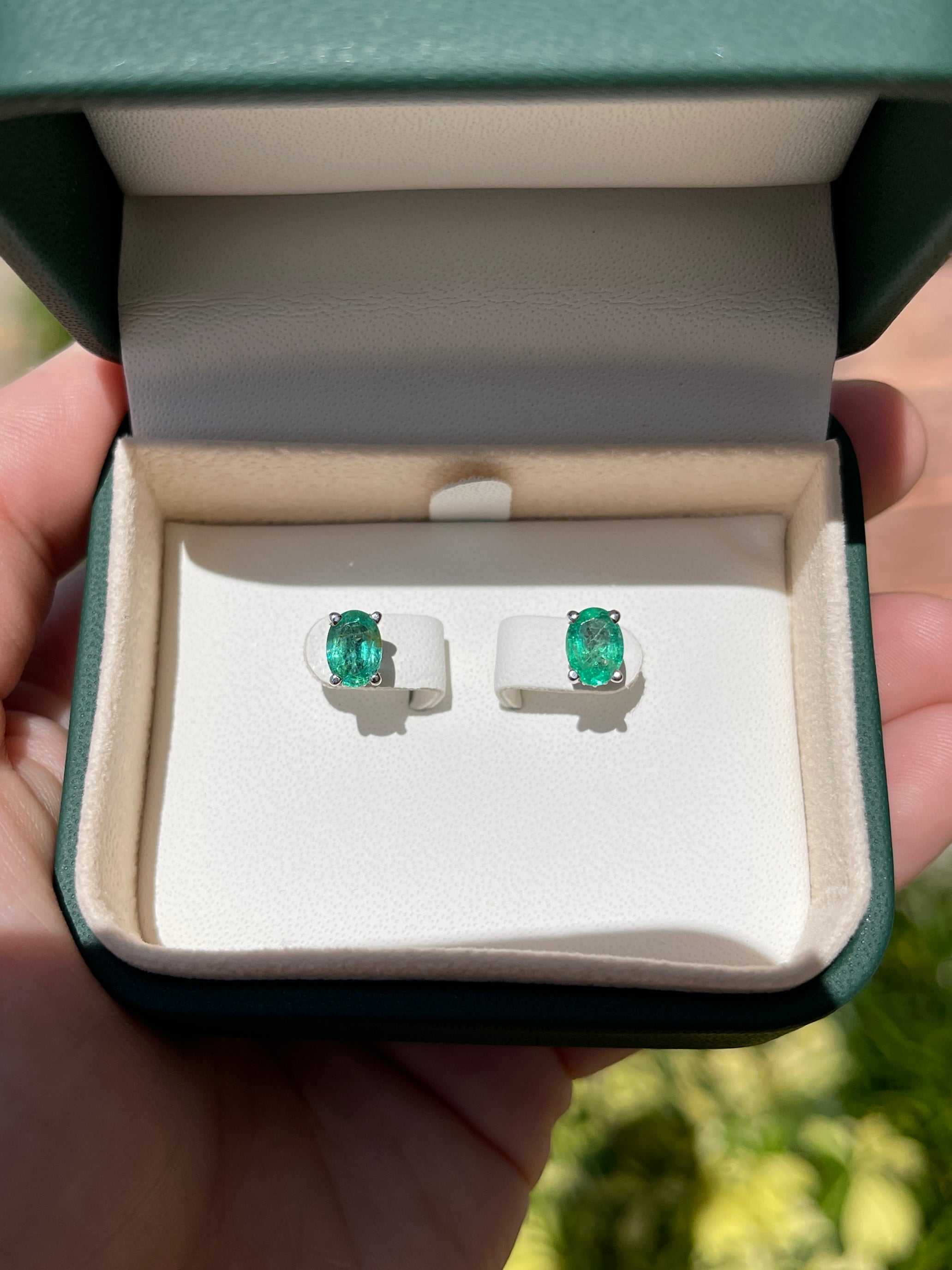 1.95tcw Natural Oval Emerald & Diamond Hidden Halo Stud Earrings in 14K Gold - Elegant Jewelry for Women, Perfect for Weddings, Parties & Special Occasions