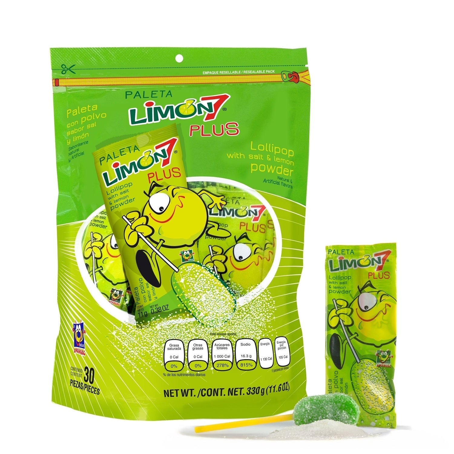 Dulces Anahuac Limon7 Plus Lollipops | 30 Count Bag | Mexican Candy for Parties, Gifts & Office Snacks